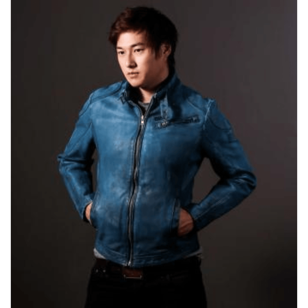 mens blue leather biker jacket slim fit front view with zipper closure