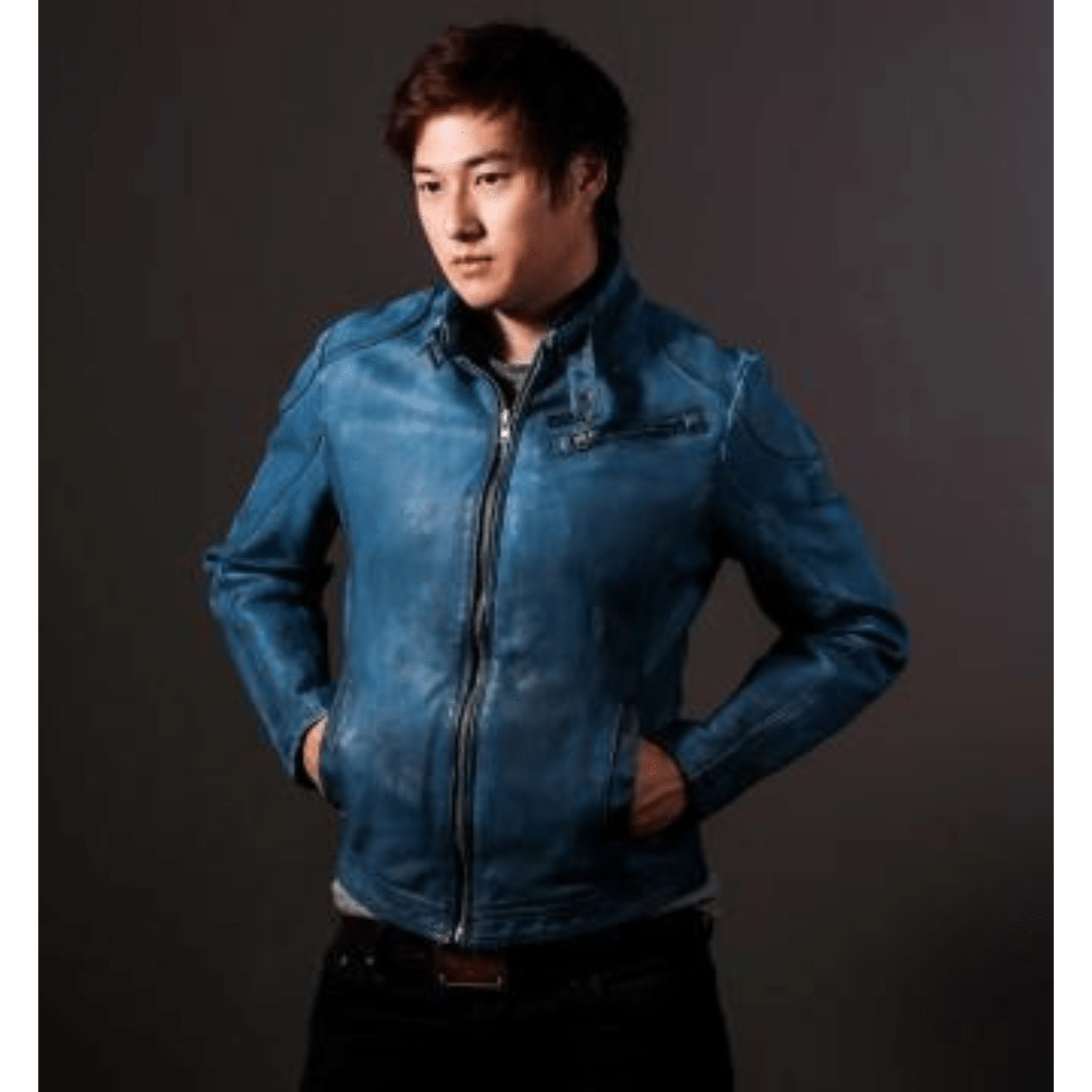 mens blue leather biker jacket slim fit front view with zipper closure