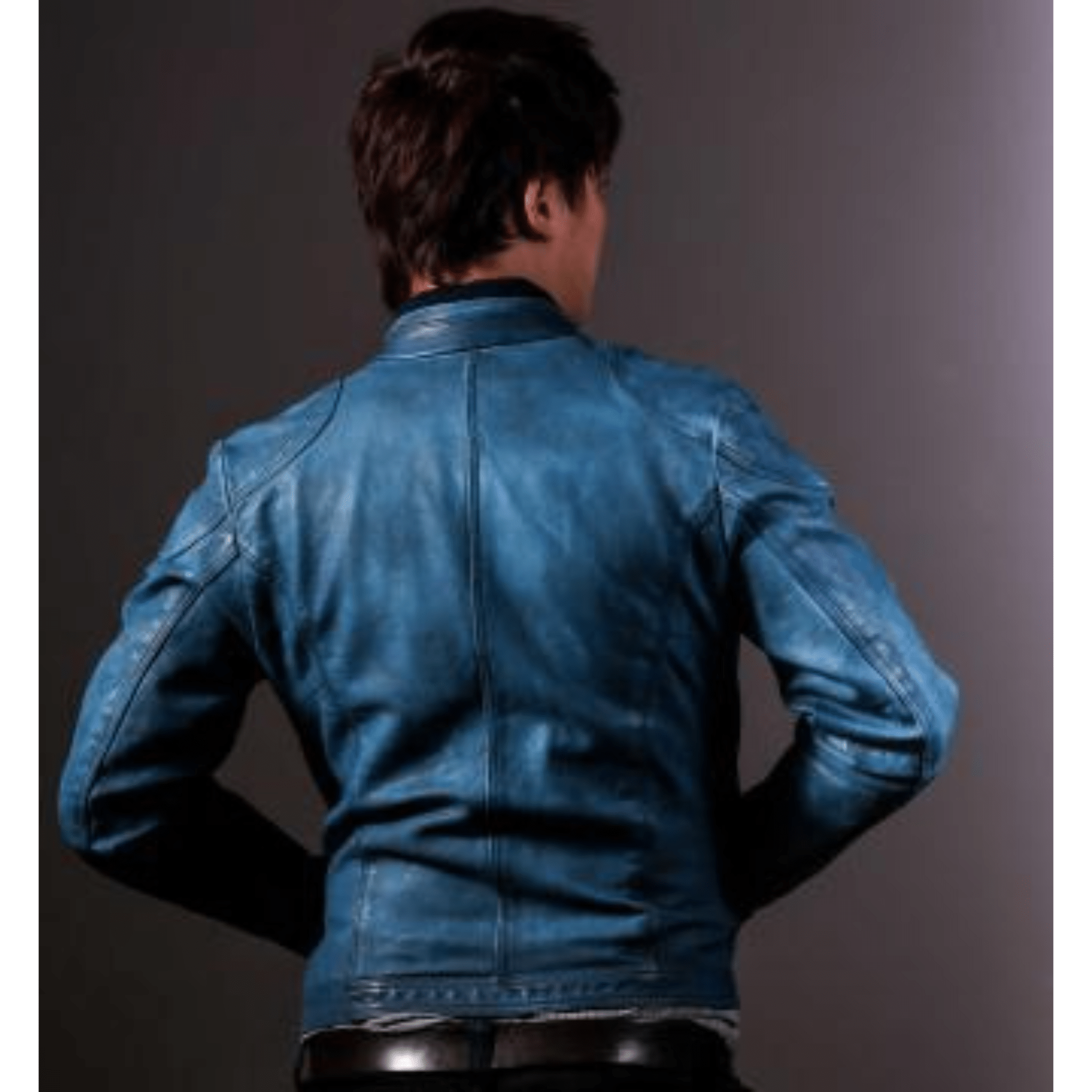 mens blue leather biker jacket back view clean biker design