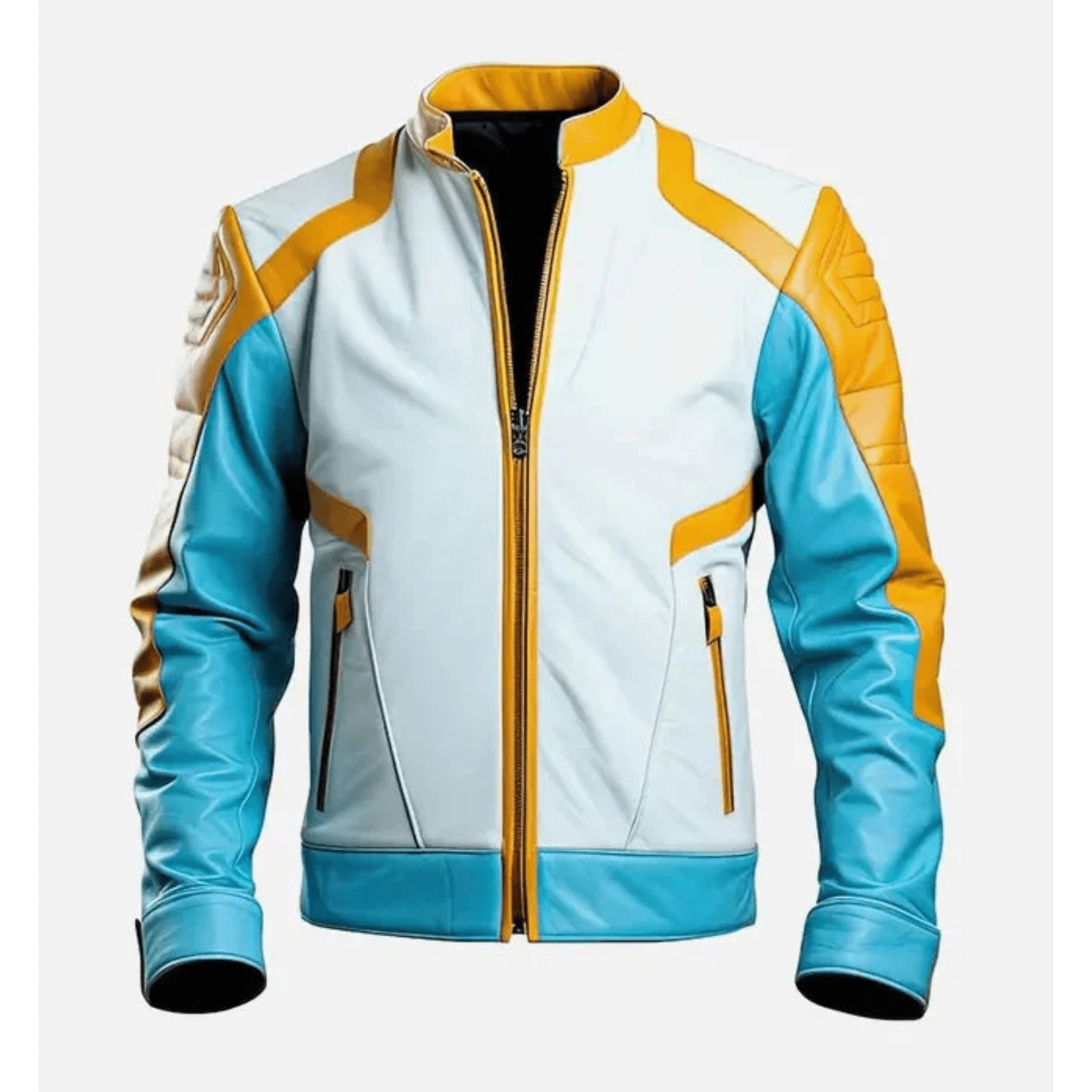 mens blue white cafe racer leather jacket front view slim fit