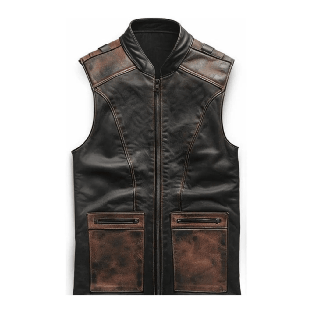 mens brown black distressed motorcycle leather vest front view sheepskin