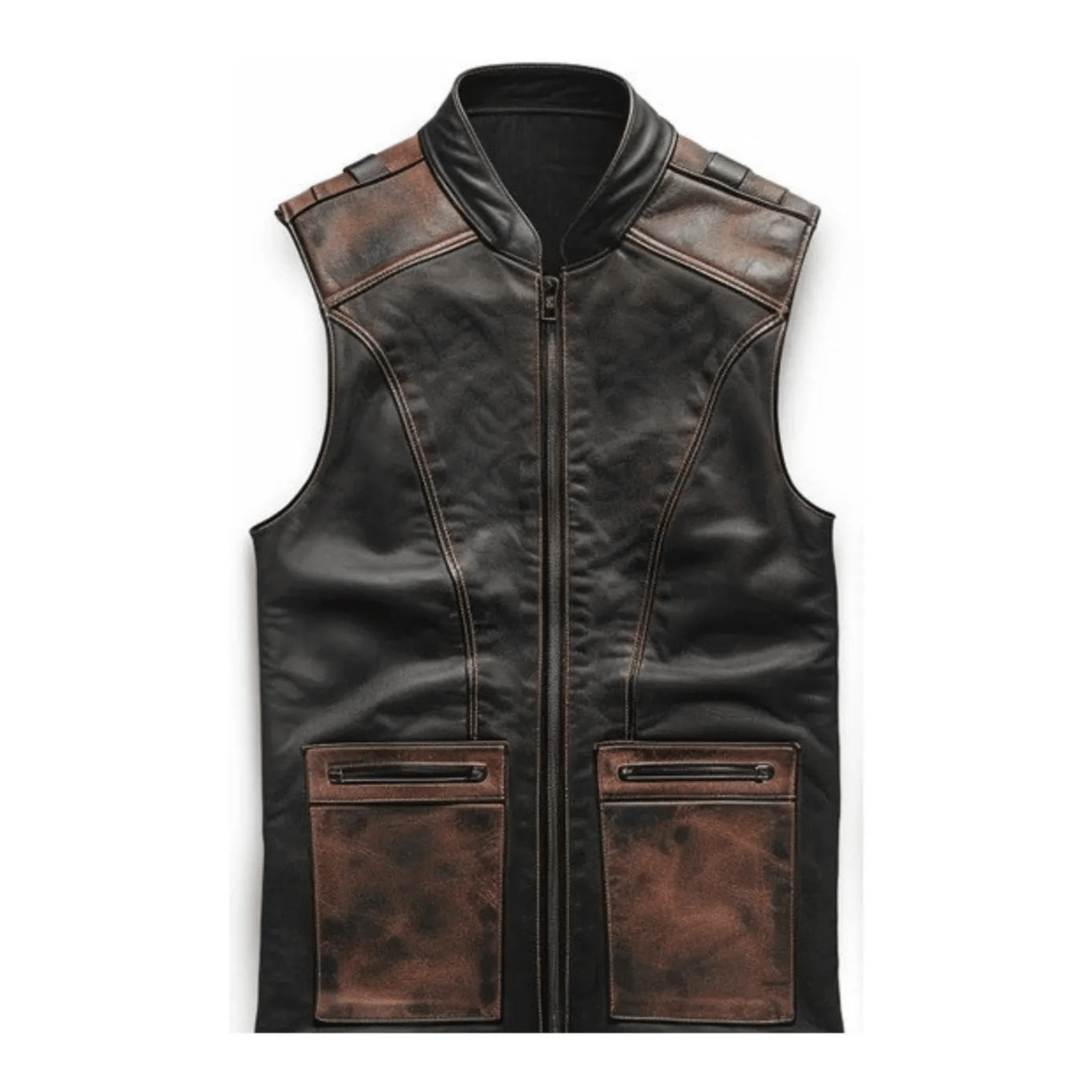 mens brown black distressed motorcycle leather vest front view sheepskin