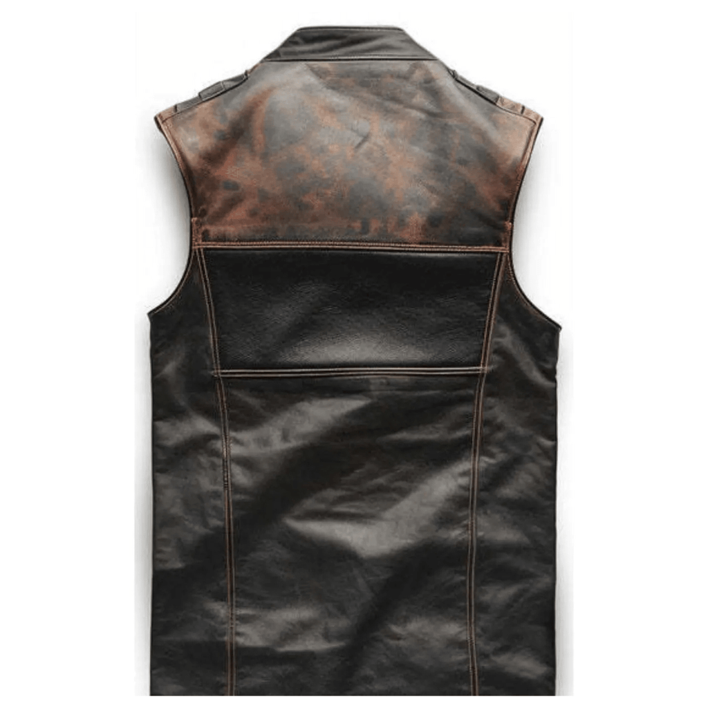 mens distressed leather vest back view brown black biker design