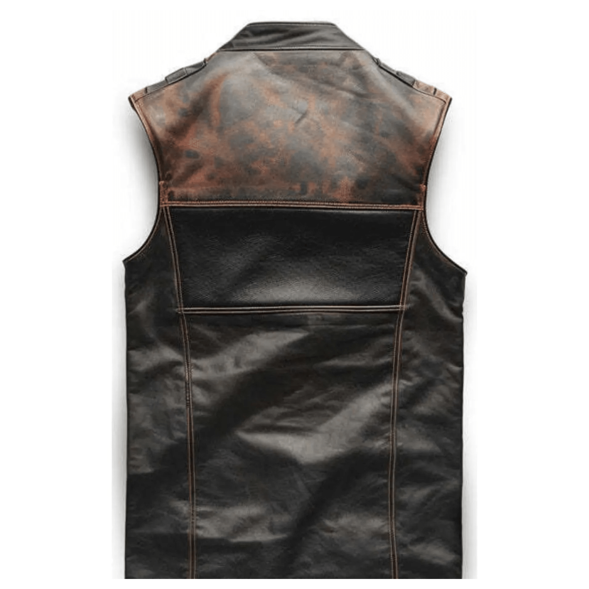 mens distressed leather vest back view brown black biker design