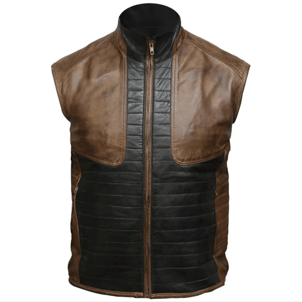 mens brown & black sheepskin leather vest front view two tone biker style
