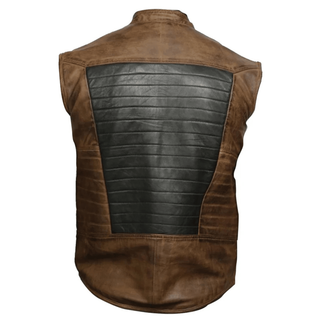 mens brown& black sheepskin leather vest back view two tone biker style