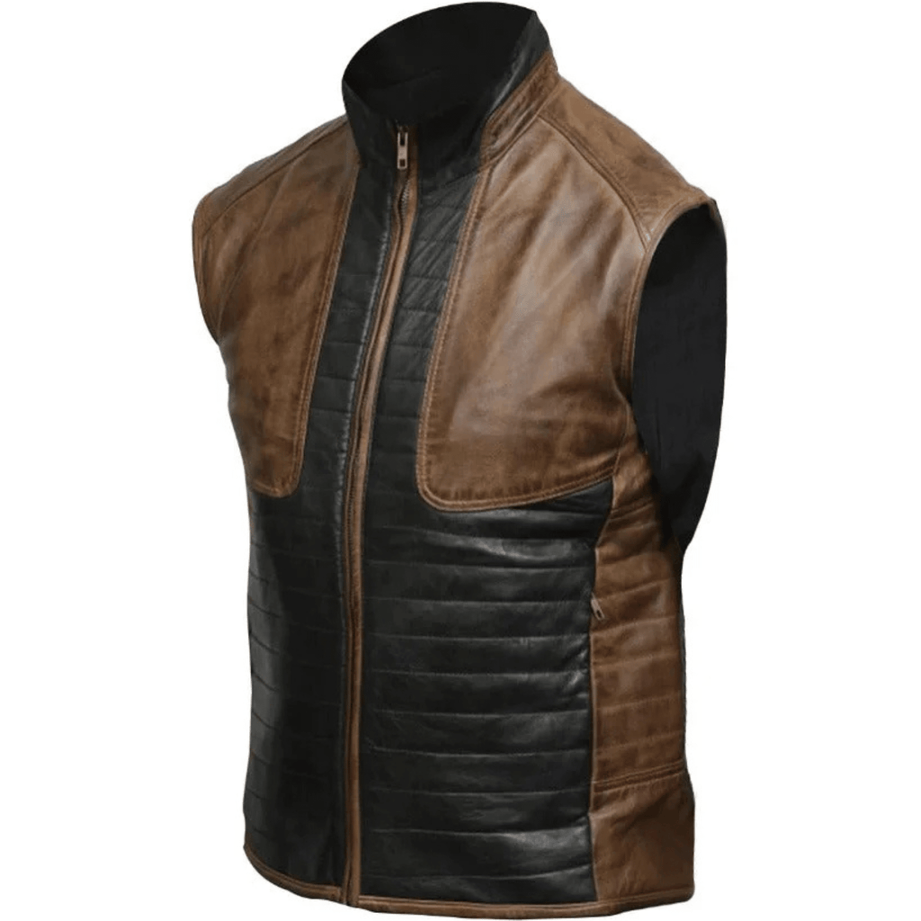 mens brown & black sheepskin leather vest  side view two tone biker style