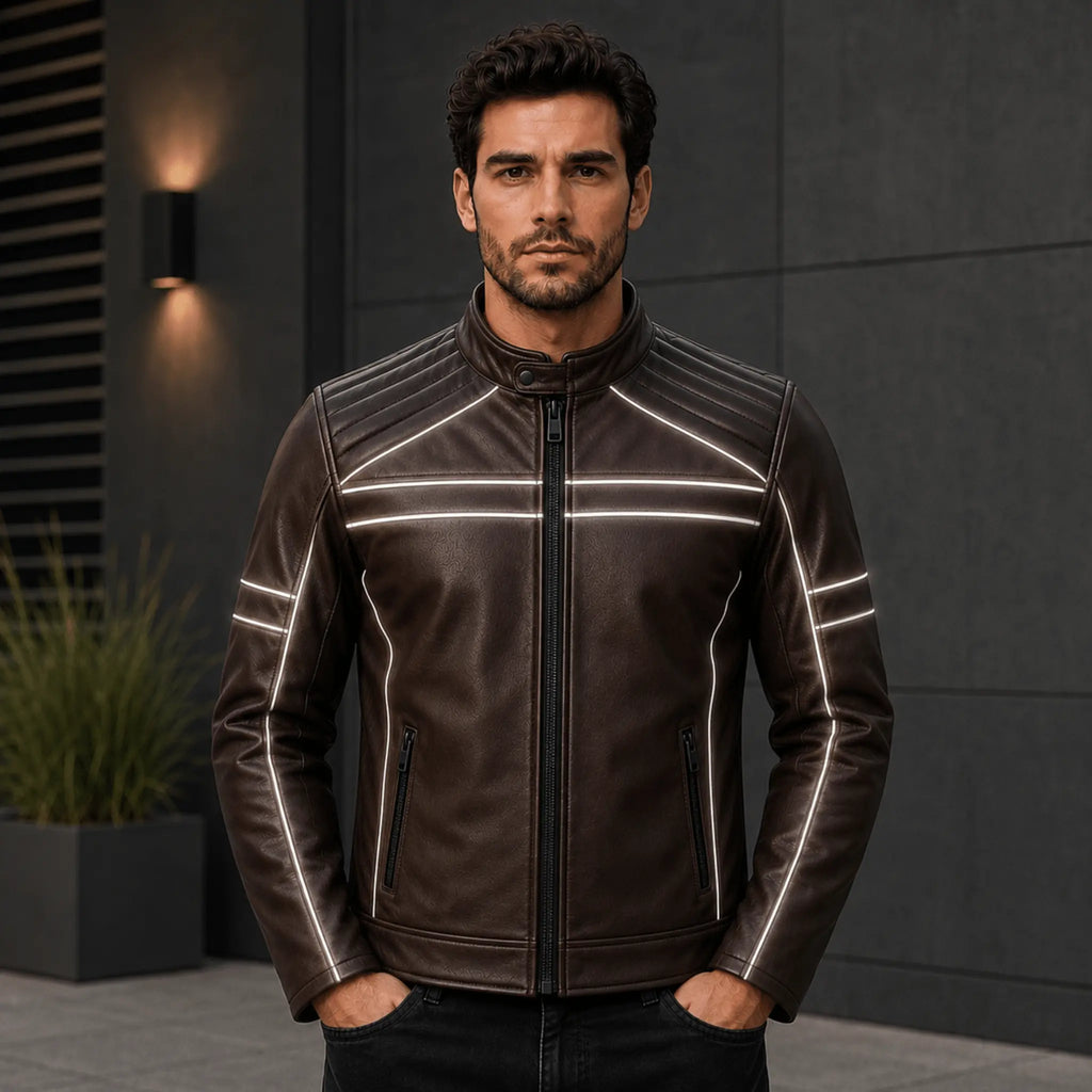 Men's Brown Cowhide Leather Reflective Racer Jacket front view