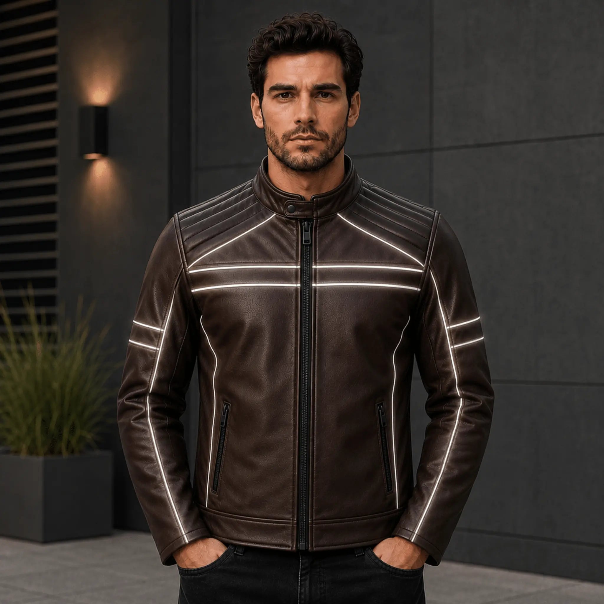 Men's Brown Cowhide Leather Reflective Racer Jacket front view
