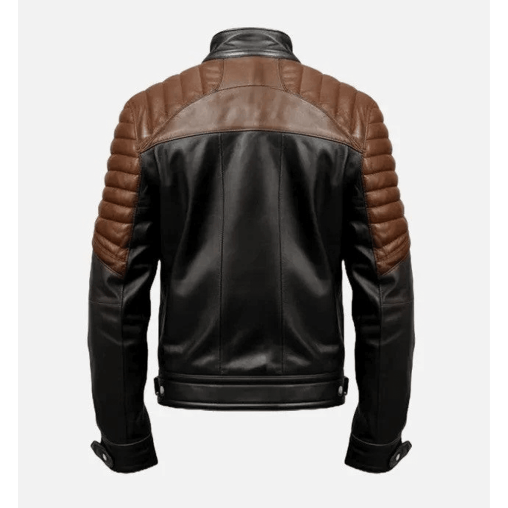 mens brown distressed leather jacket back view quilted biker design