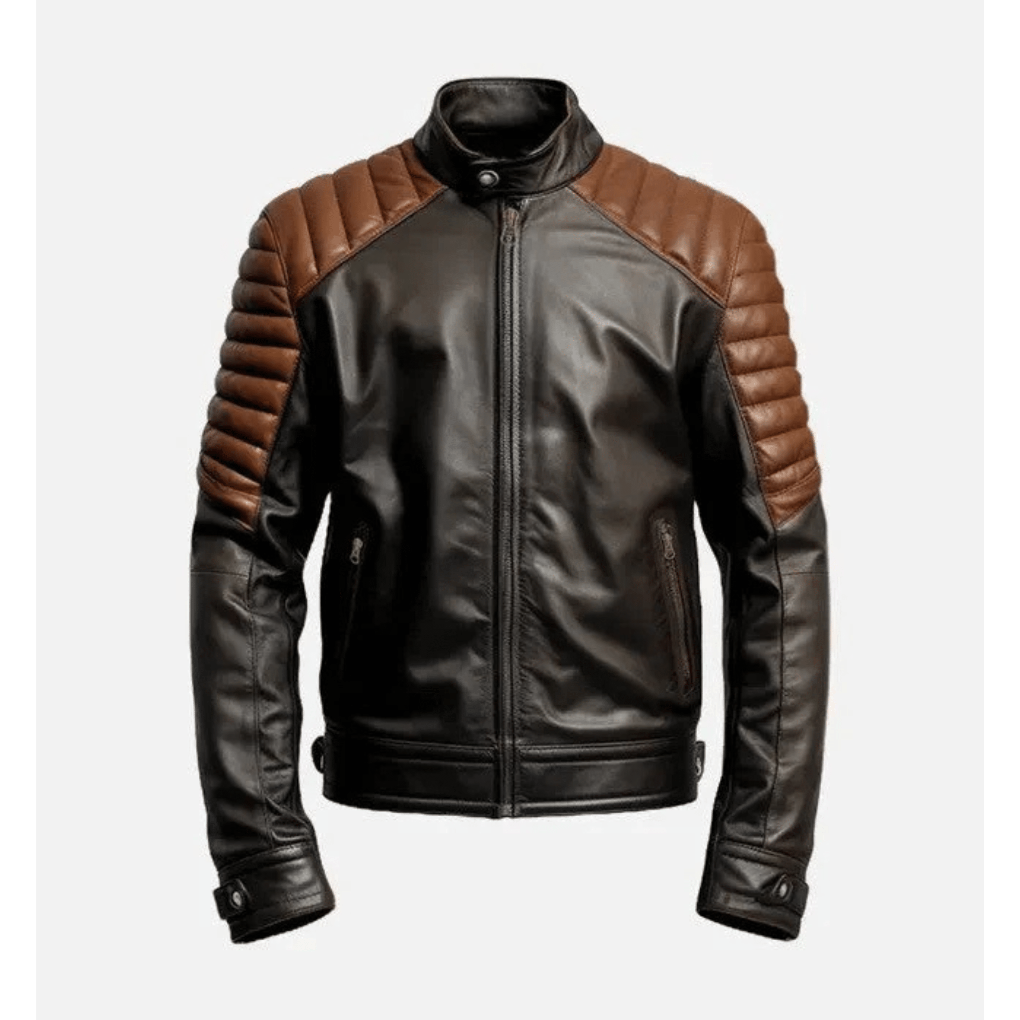 mens brown distressed cafe racer leather jacket front view vintage biker style