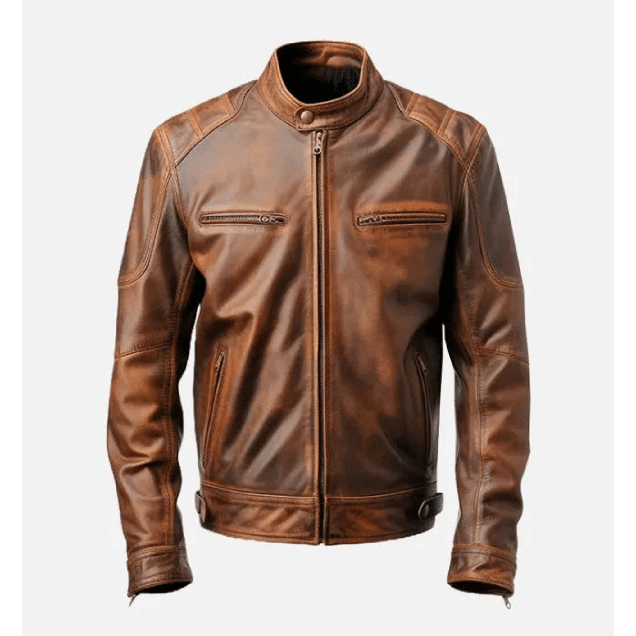mens brown distressed cafe racer leather jacket front view sheepskin vintage biker style