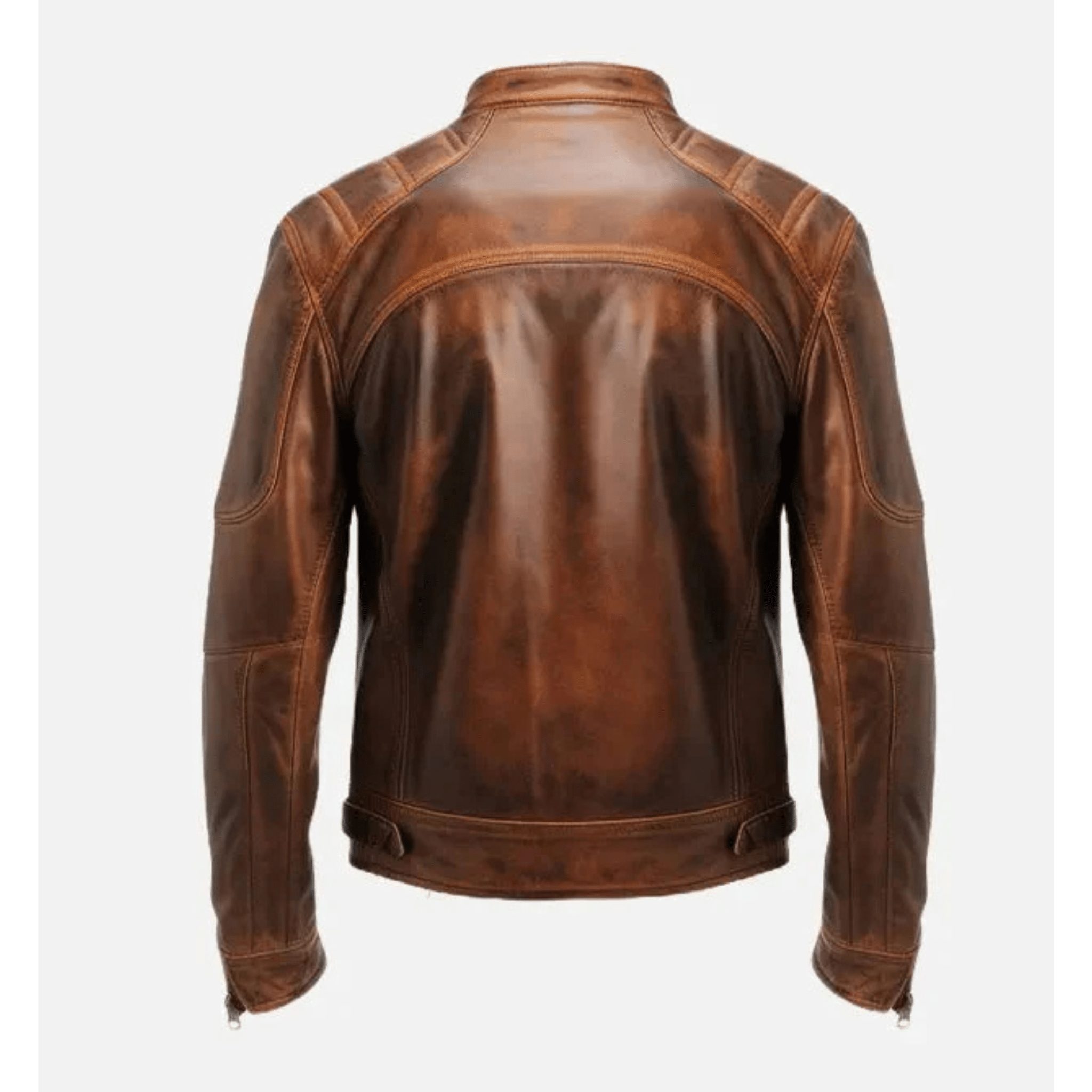 mens brown distressed leather jacket back view quilted biker design