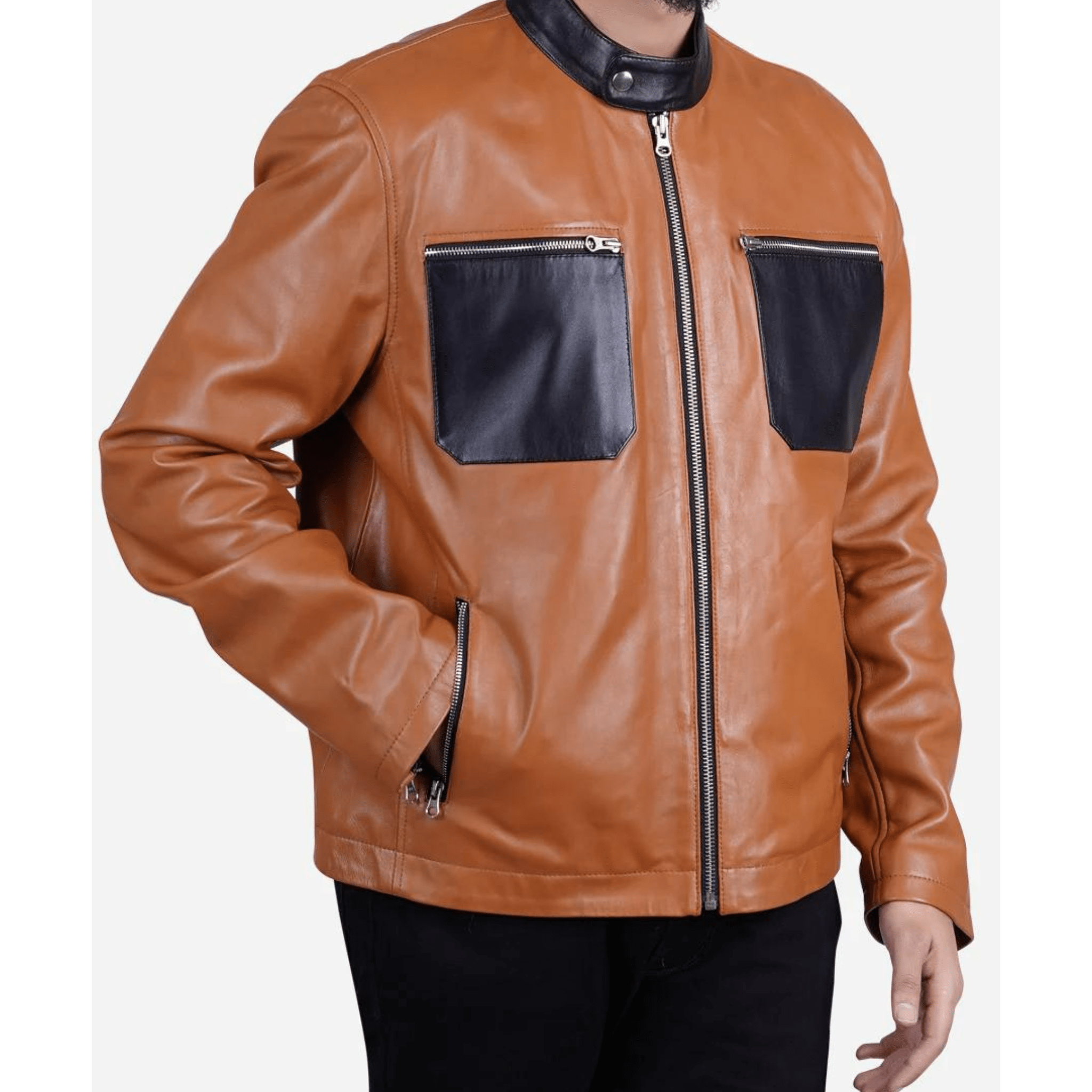 mens brown genuine leather biker jacket side view showing slim biker fit and structure