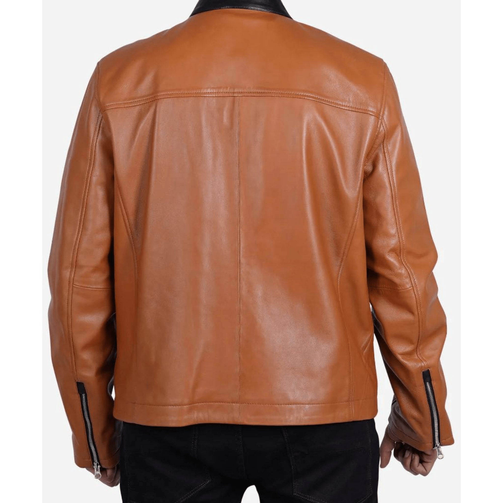 mens brown genuine leather biker jacket back view showing clean classic biker design