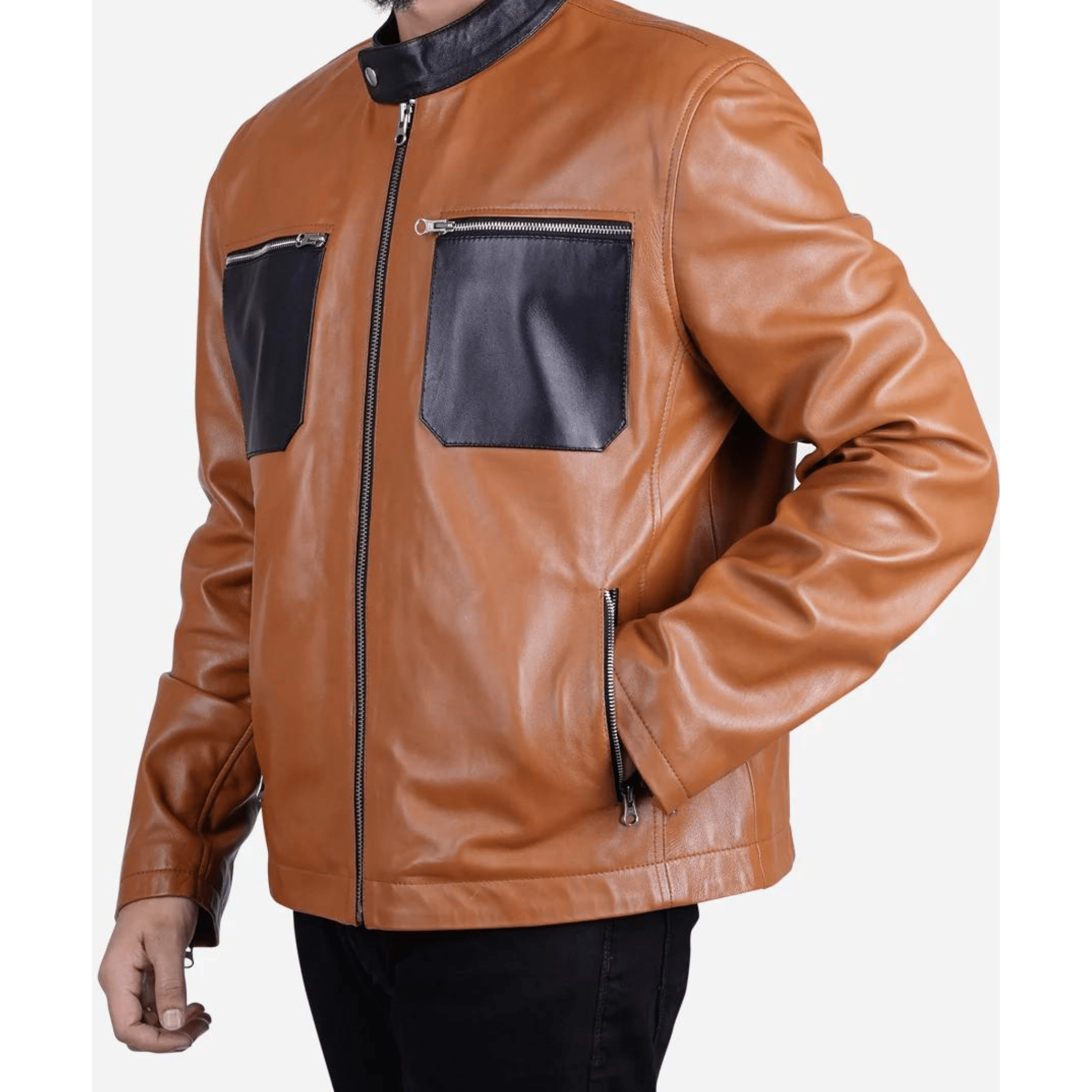 mens brown leather biker jacket model wearing casual outfit rugged style look