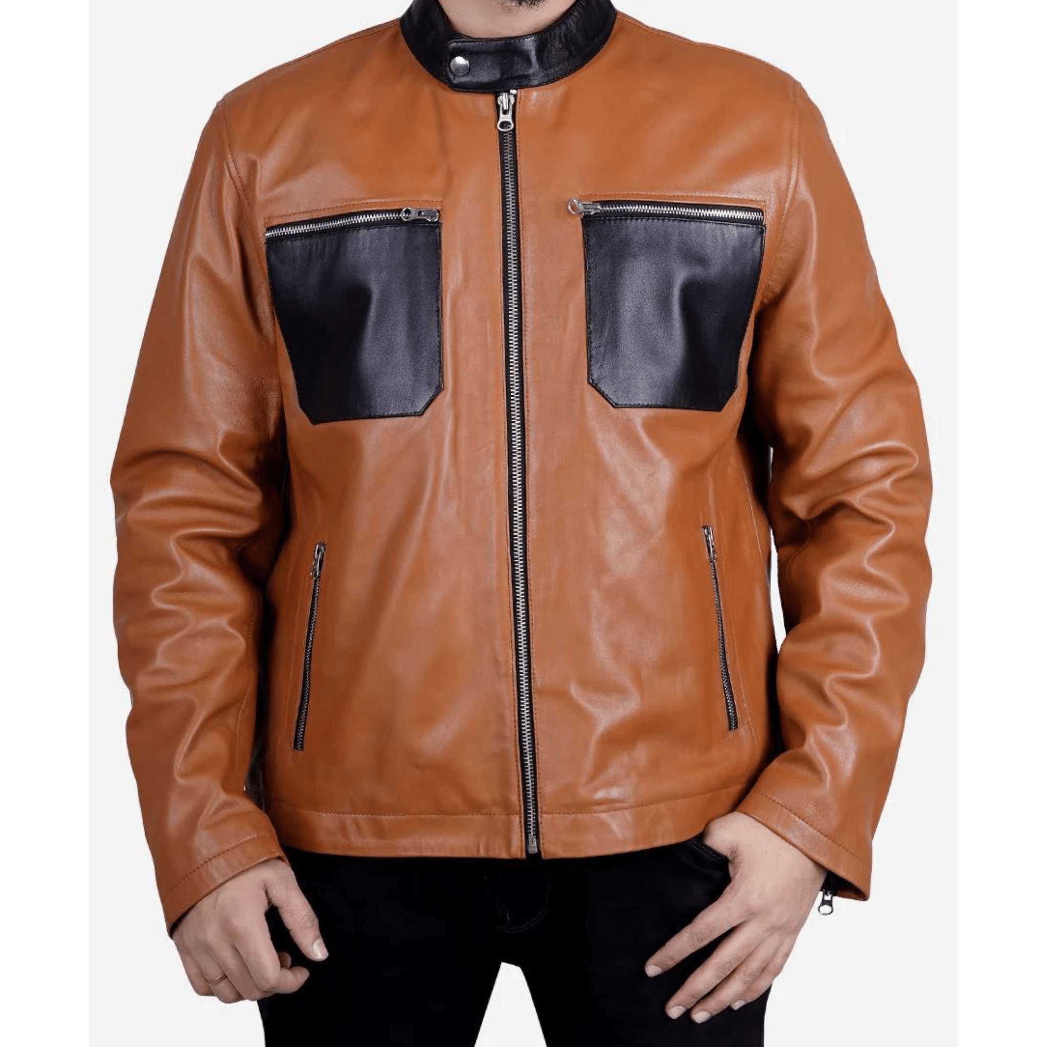 mens brown genuine leather biker jacket sheepskin front view classic biker style with zipper pockets