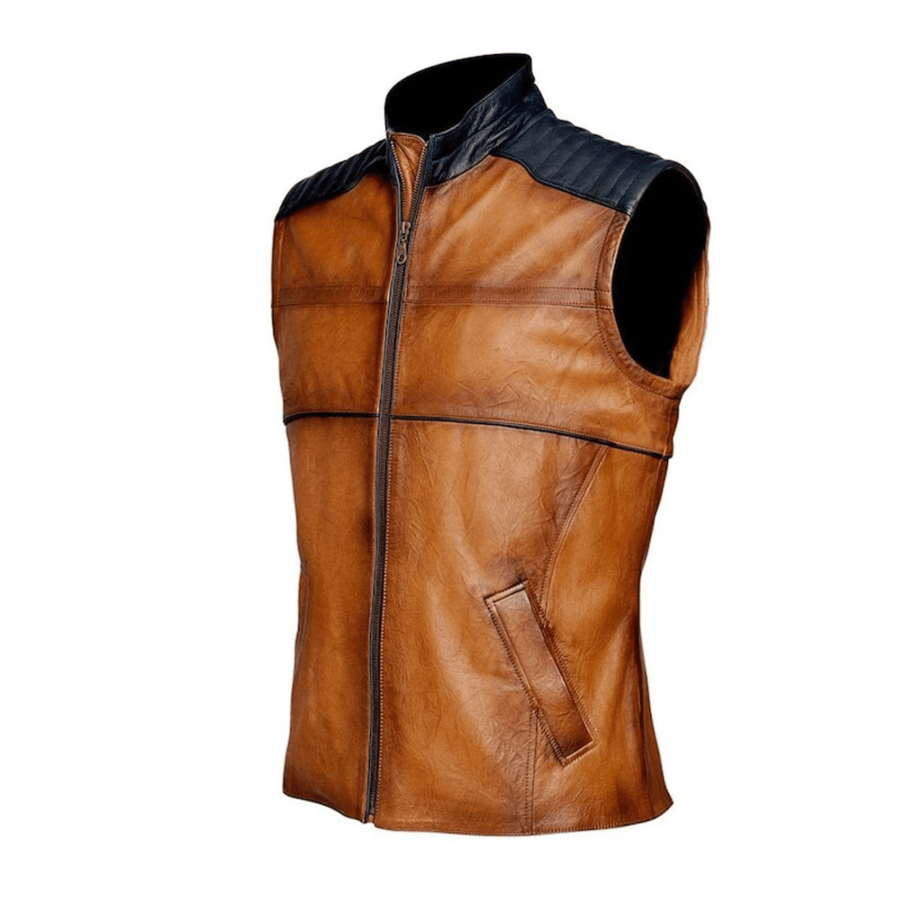 mens brown lambskin leather vest front view