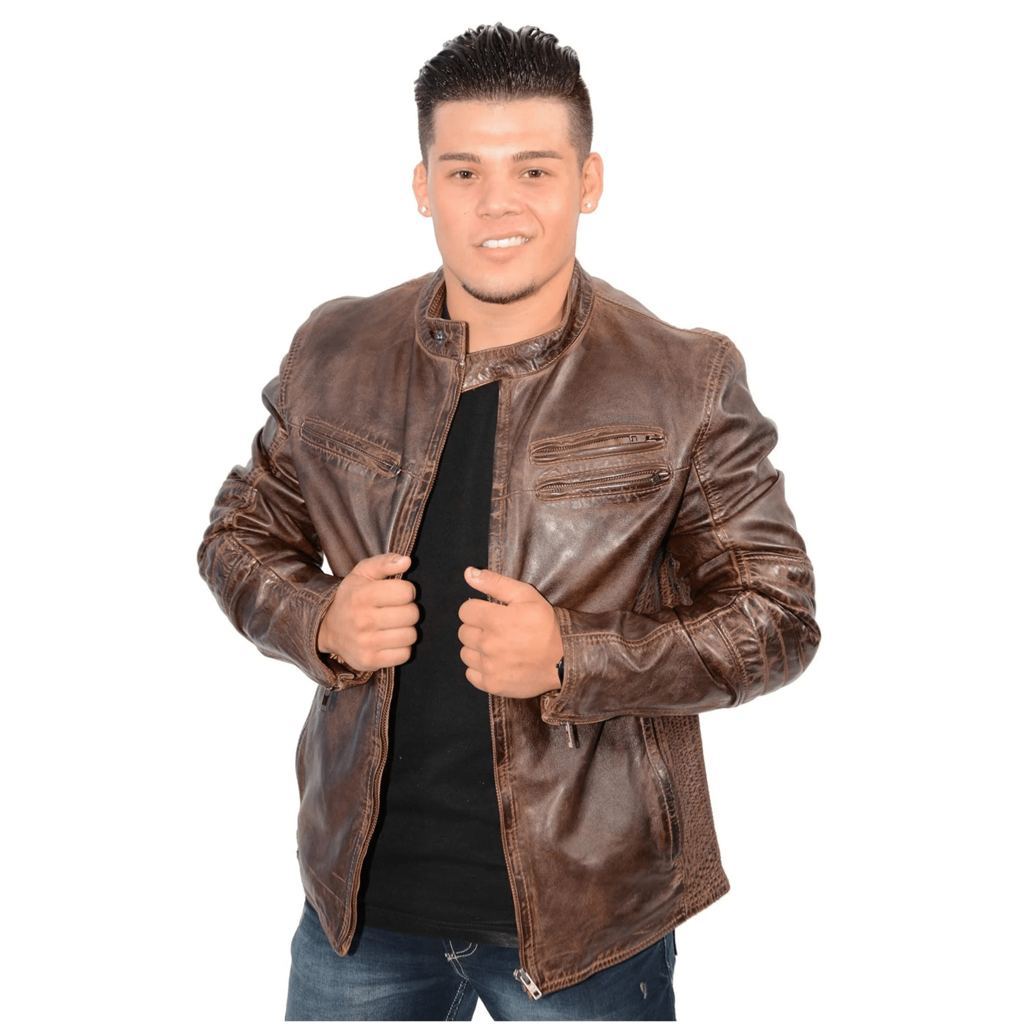 brown lambskin leather jacket mens euro collar slim fit model posing biker style outfit