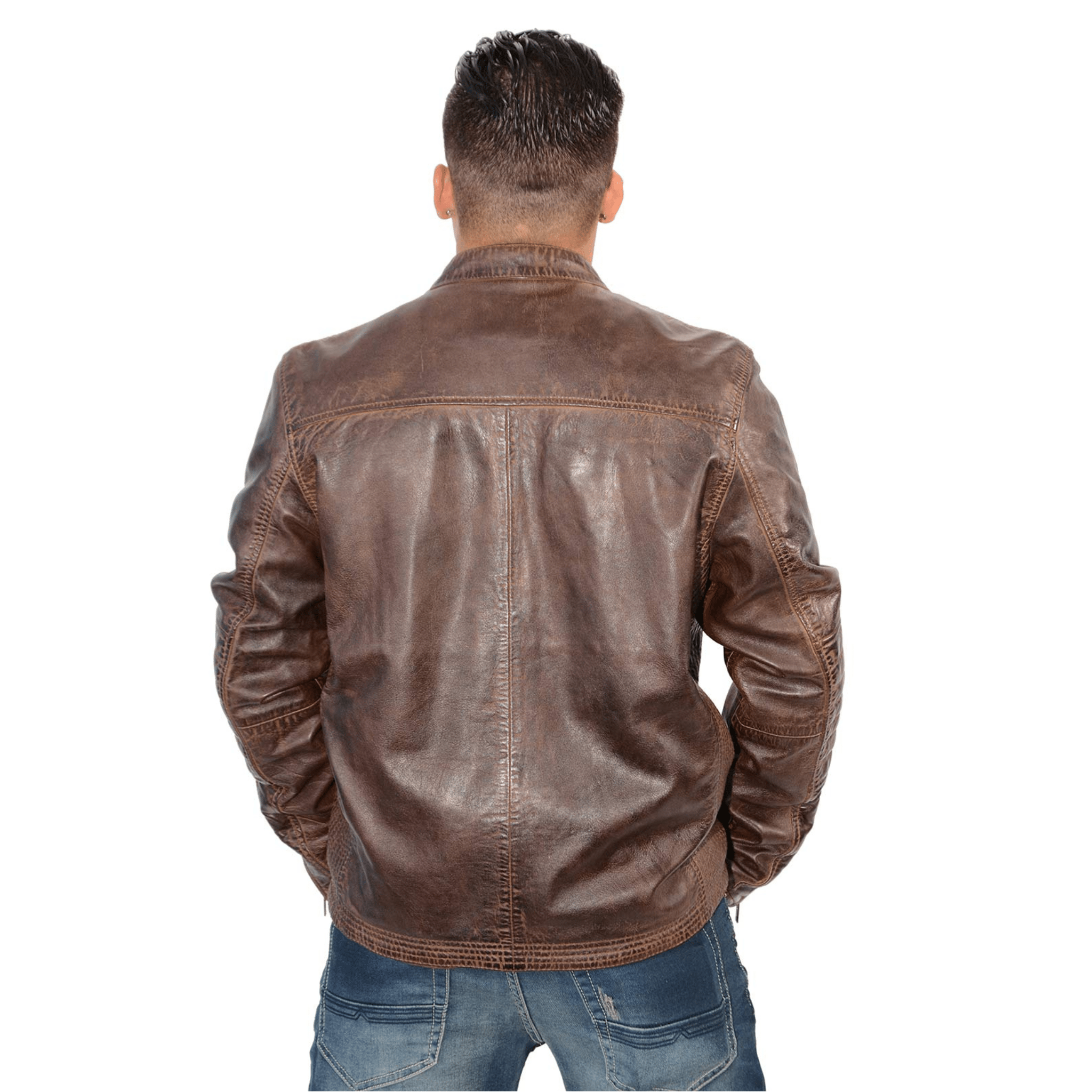 mens brown lambskin leather jacket euro collar slim fit back view with clean panel design