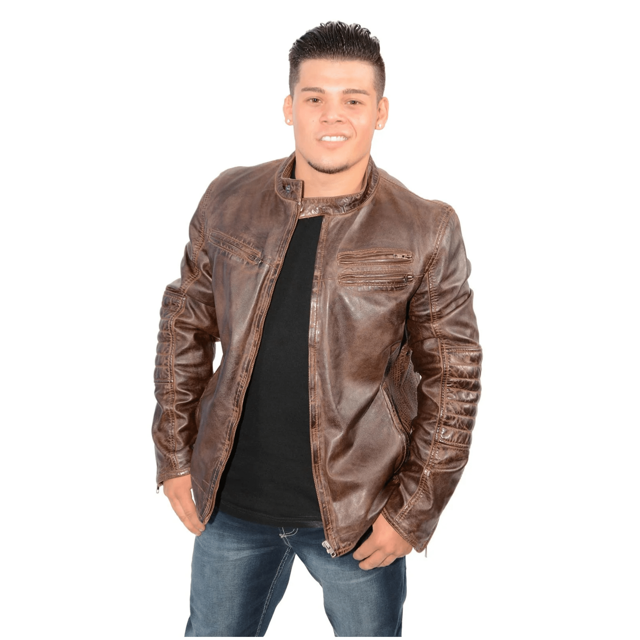 mens brown lambskin leather jacket euro collar slim fit model wearing casual outfit street style look