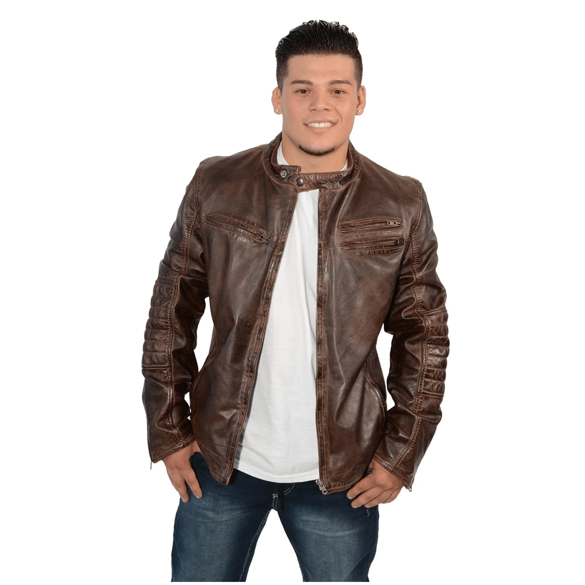 mens brown lambskin leather jacket euro collar slim fit front view with zipper and chest pockets