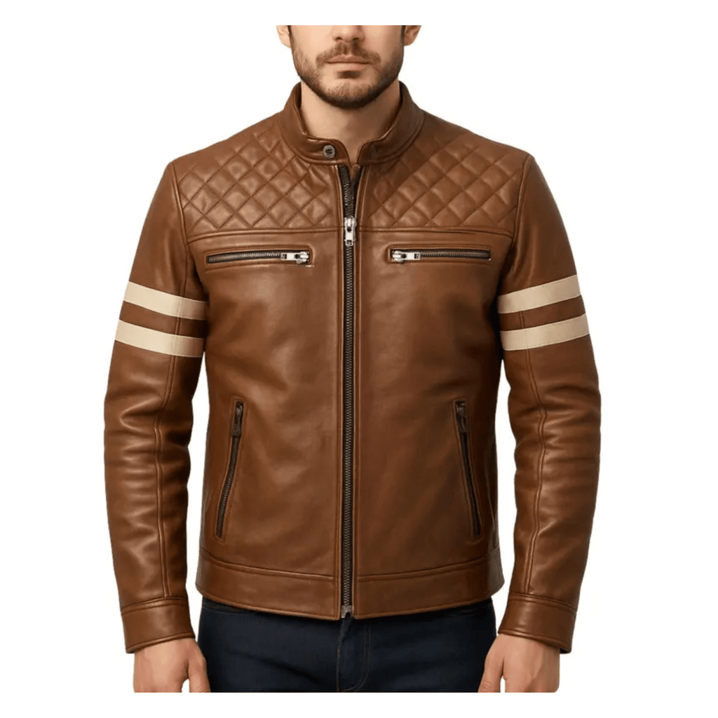 Mens brown leather biker jacket front view – slim fit sheepskin moto jacket