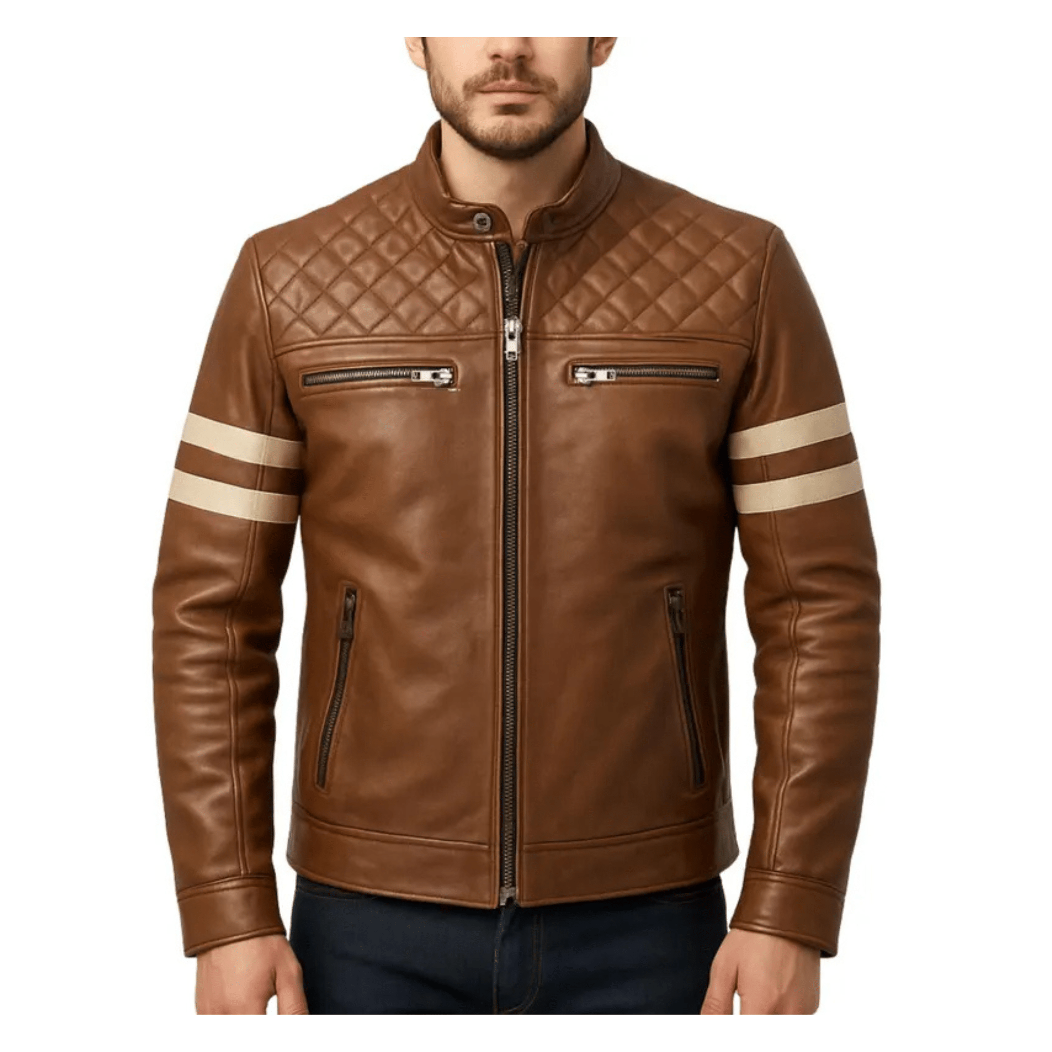 Mens brown leather biker jacket front view – slim fit sheepskin moto jacket