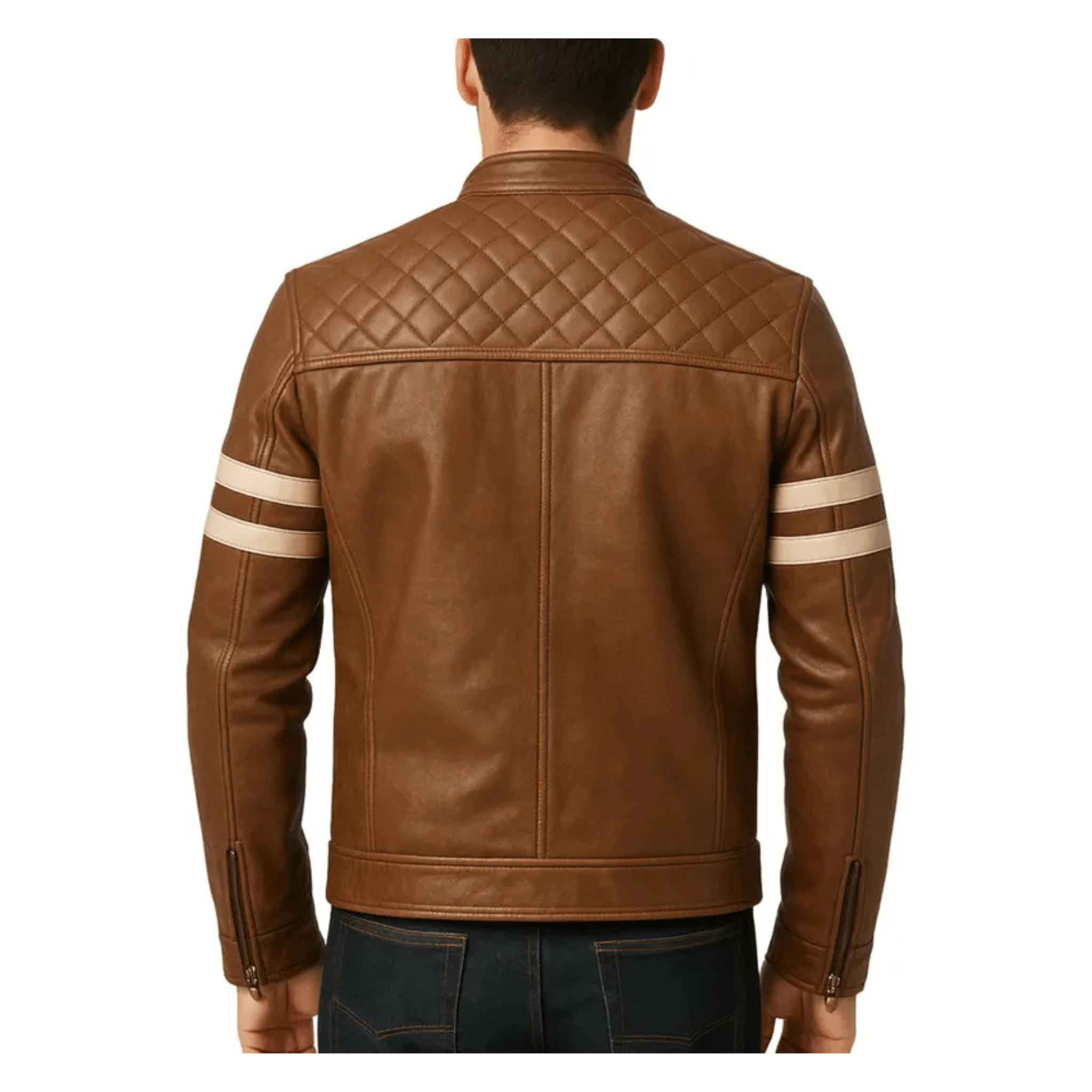 Mens brown leather biker jacket back view – genuine leather biker jacket