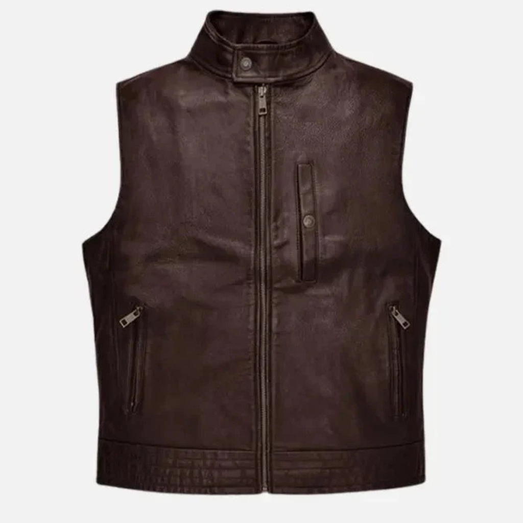 mens brown leather biker vest front view road shaper style genuine sheepskin