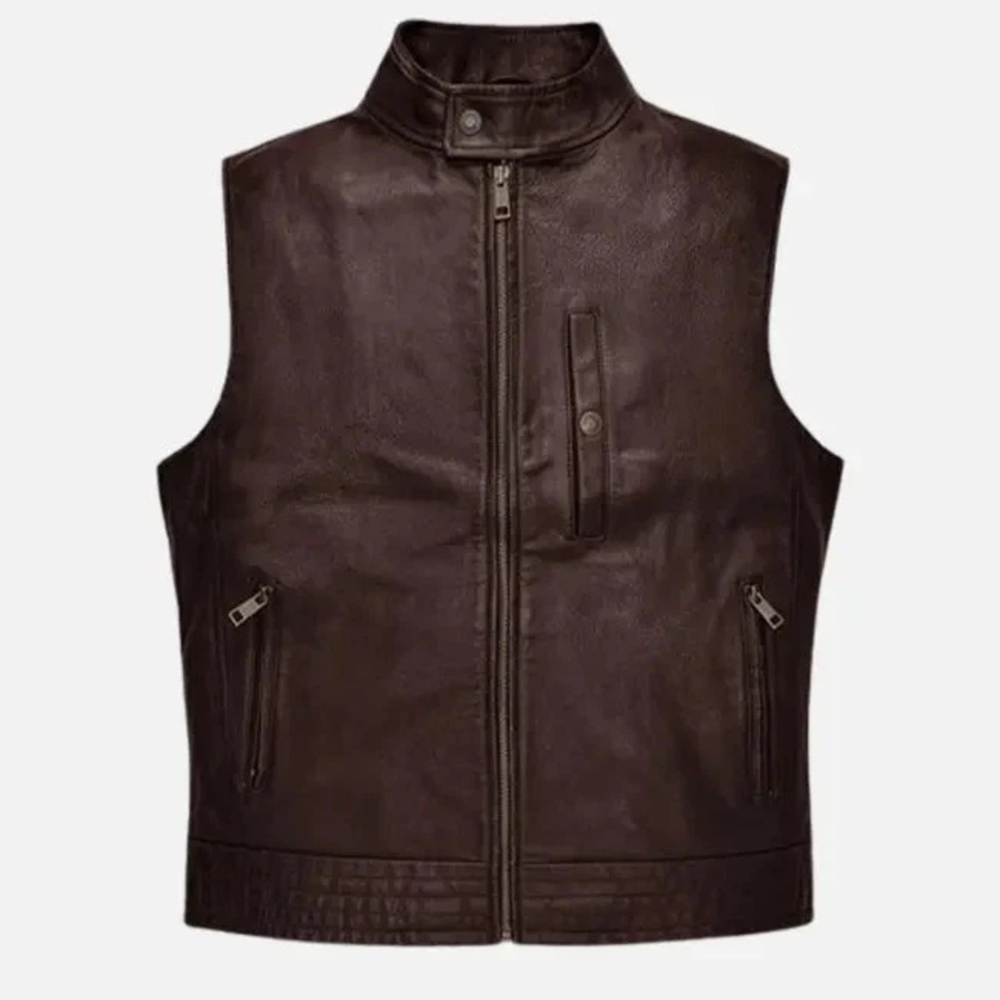mens brown leather biker vest front view road shaper style genuine sheepskin