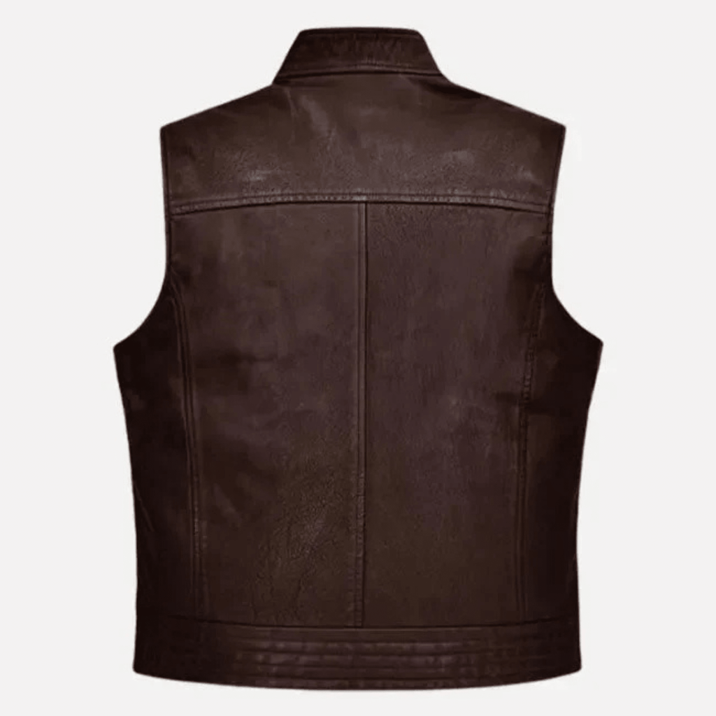 mens brown leather biker vest back view classic biker design rugged style