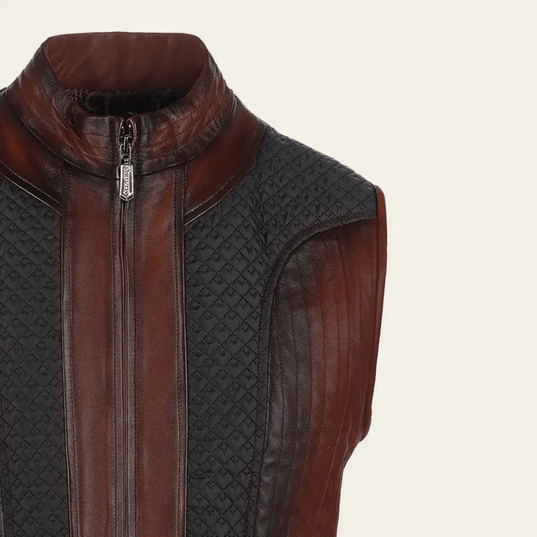 ovine leather vest close up sheepskin texture stitching detail