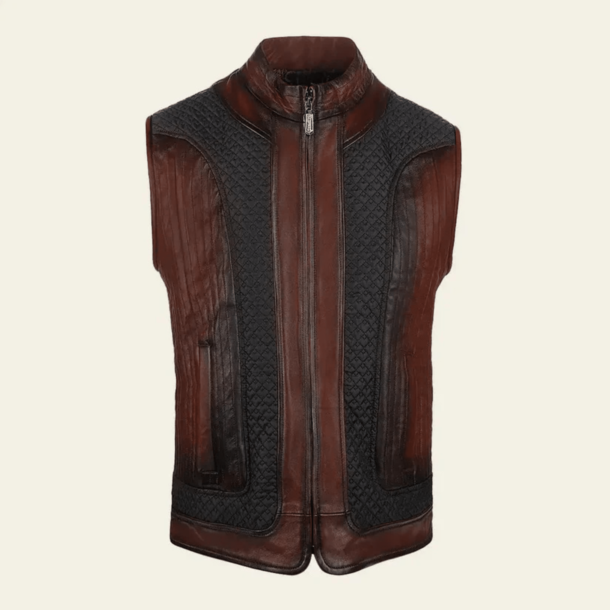 mens brown ovine leather vest front view genuine sheepskin classic style