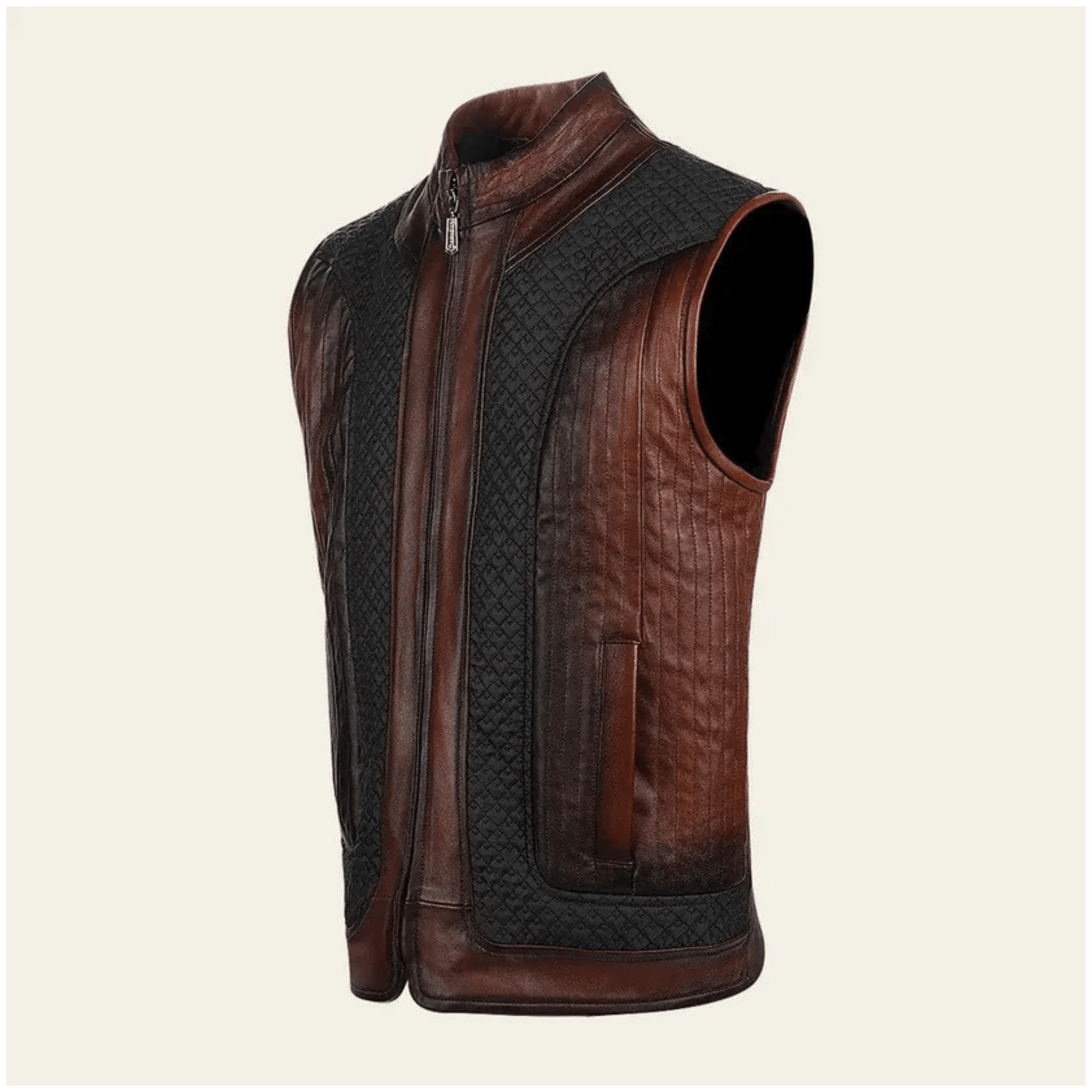 mens brown ovine leather vest side view tailored fit silhouette
