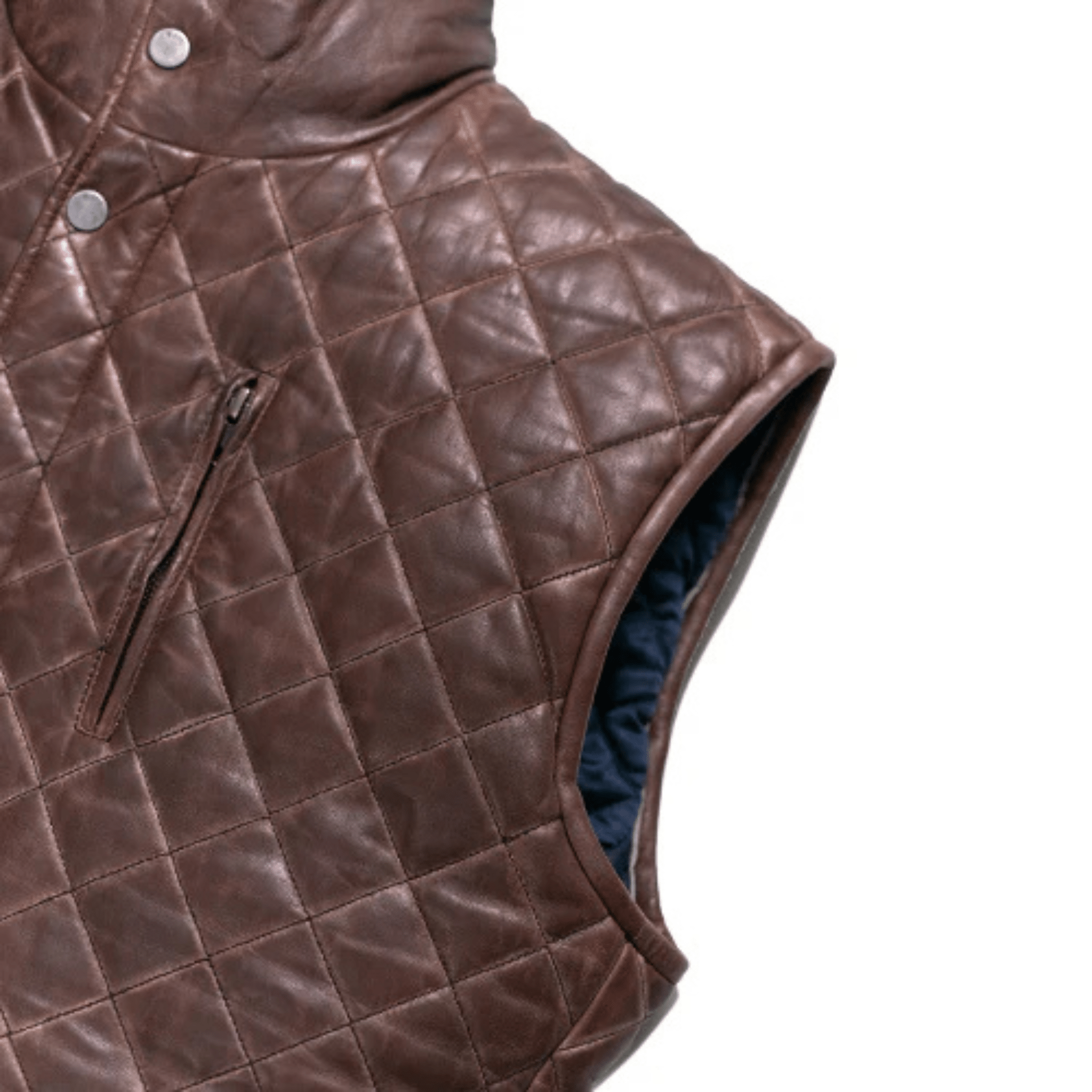 mens brown quilted leather vest side view tailored fit biker style