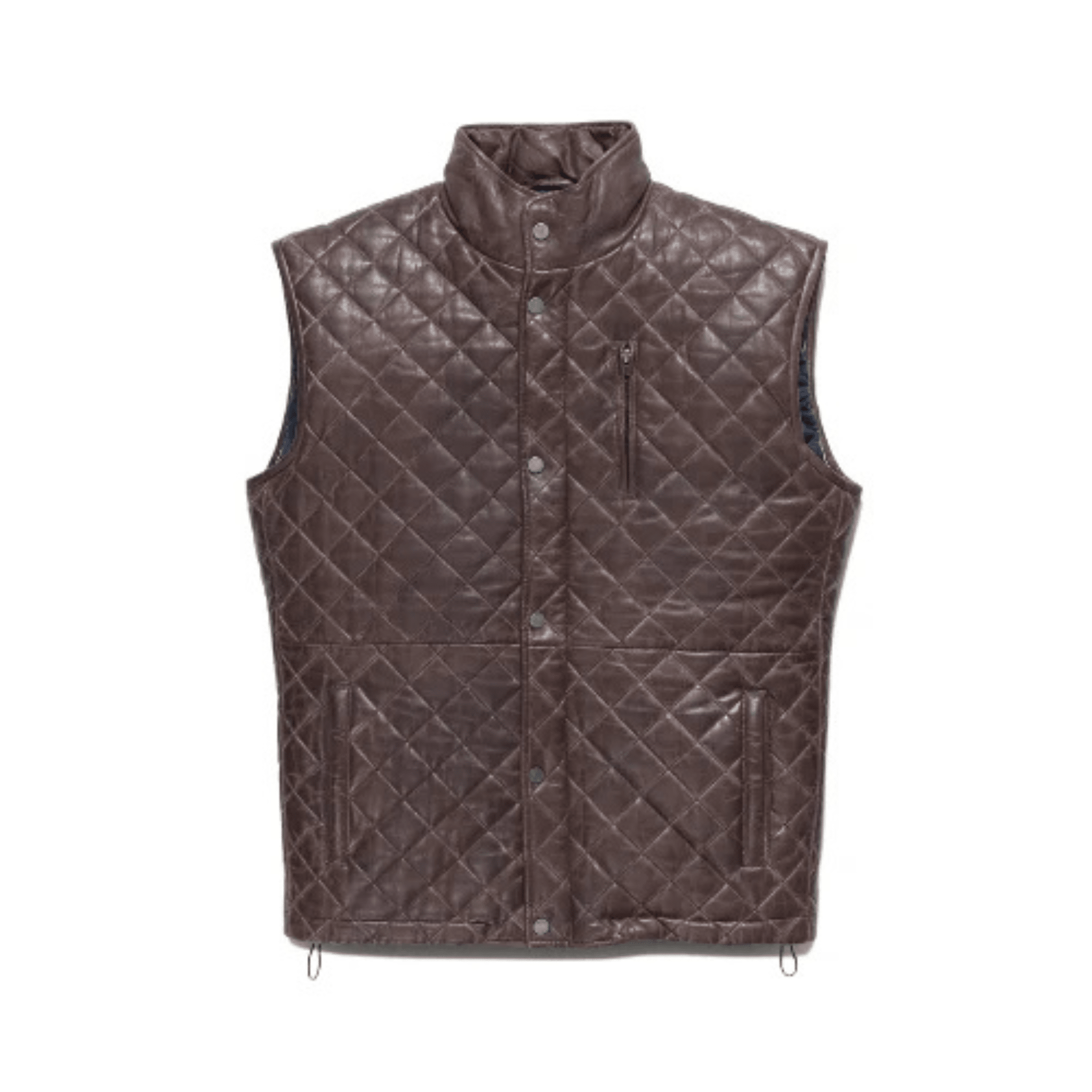 mens brown quilted leather vest front view genuine sheepskin biker style