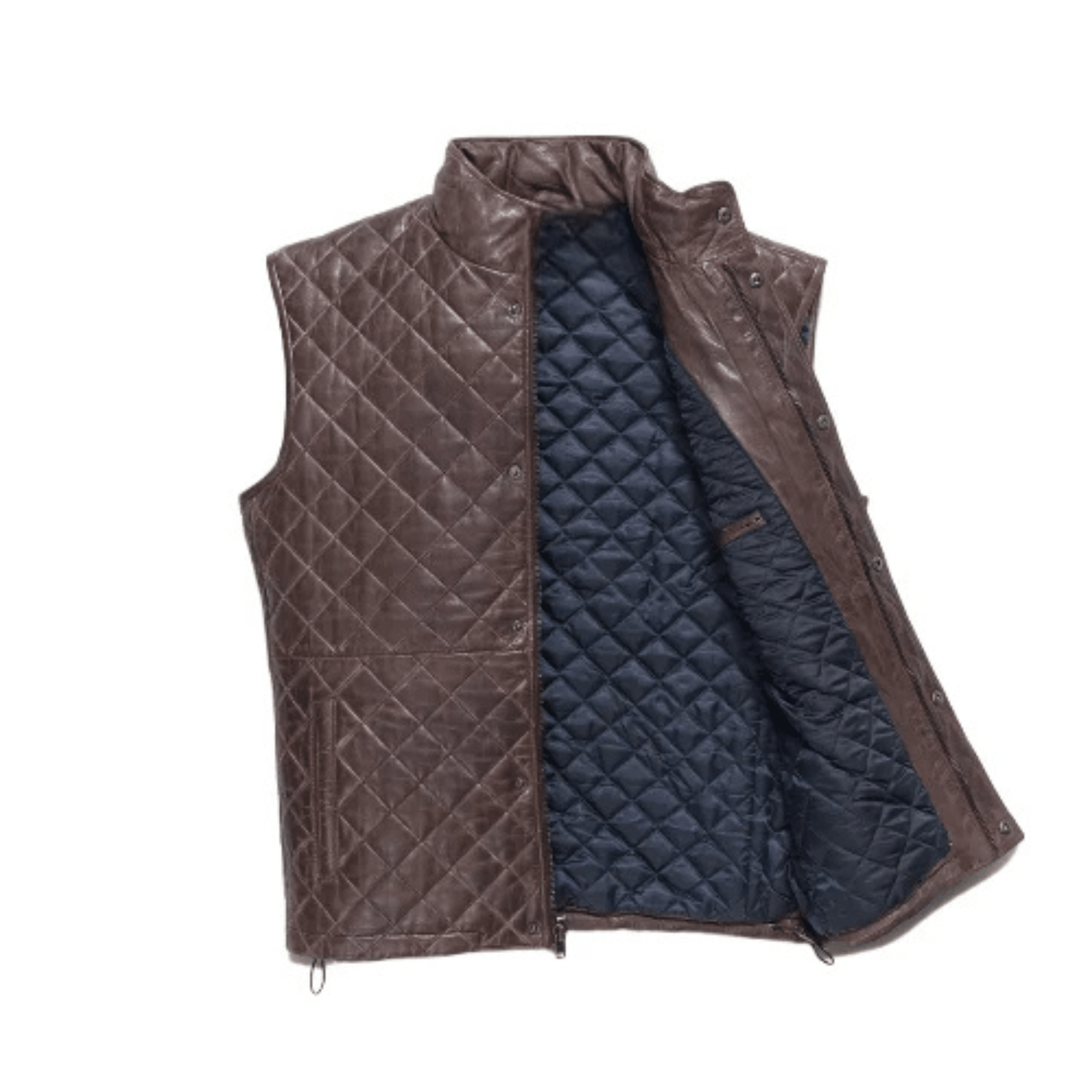 quilted leather vest close up stitching pattern brown sheepskin texture