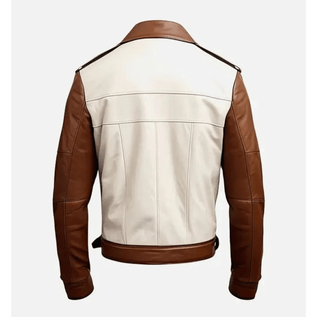 mens two tone leather jacket back view brown white trucker style