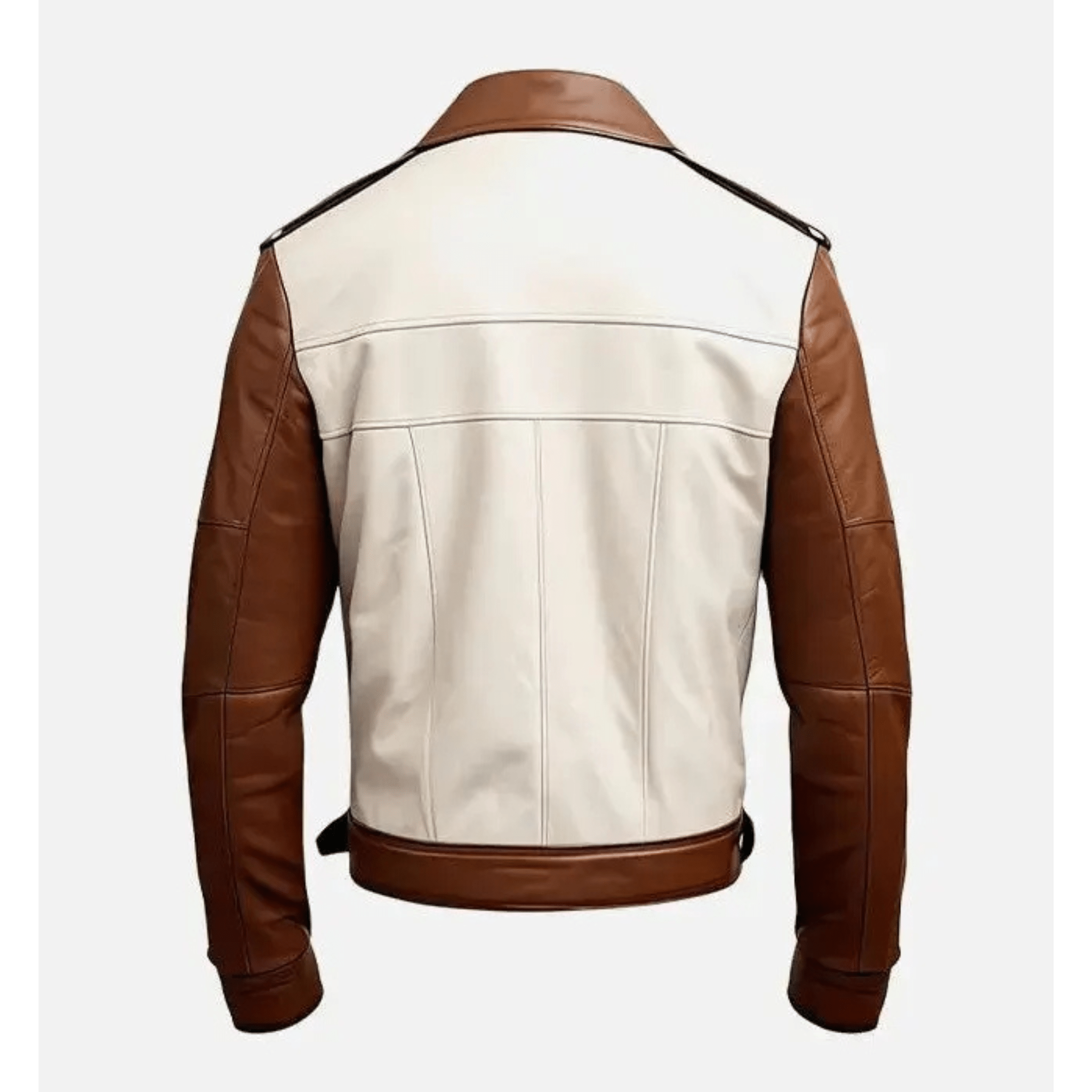 mens two tone leather jacket back view brown white trucker style