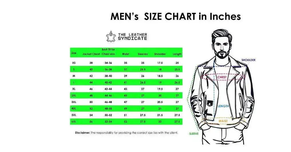 mens leather trucker jacket size chart brown white measurements guide