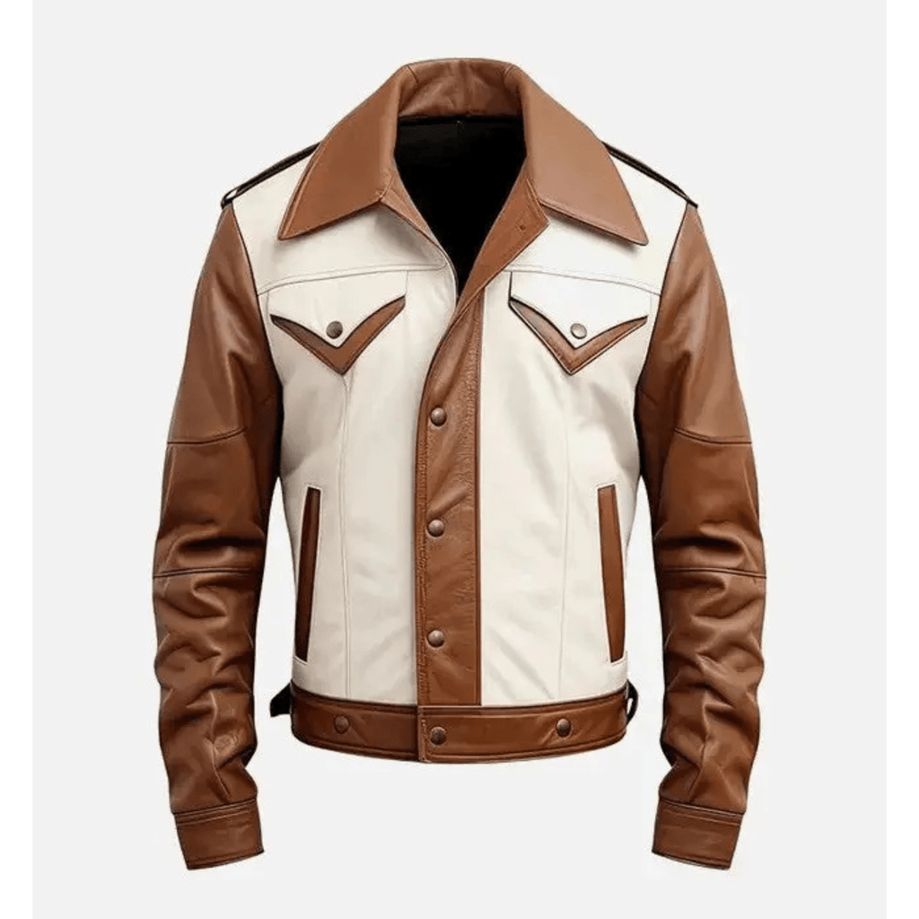 mens brown white two tone leather trucker jacket front view sheepskin