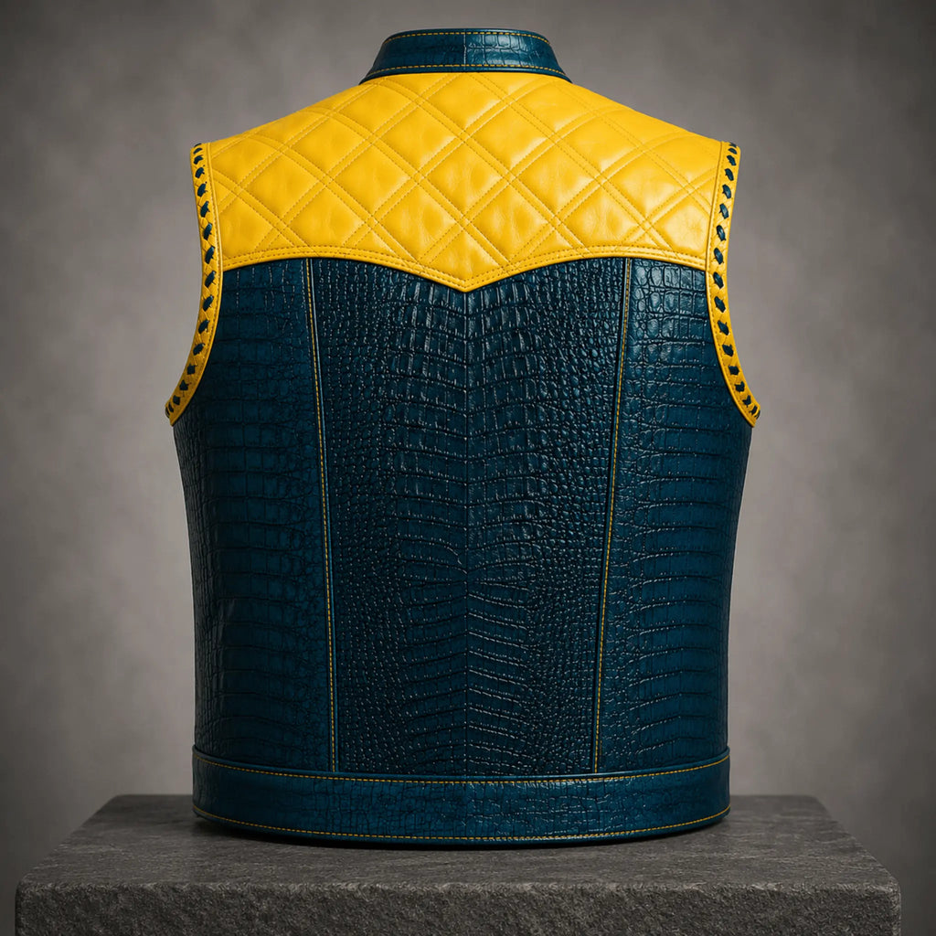 Men's Leather Motorcycle Vest – Premium Crocodile Embossed Cowhide back view
