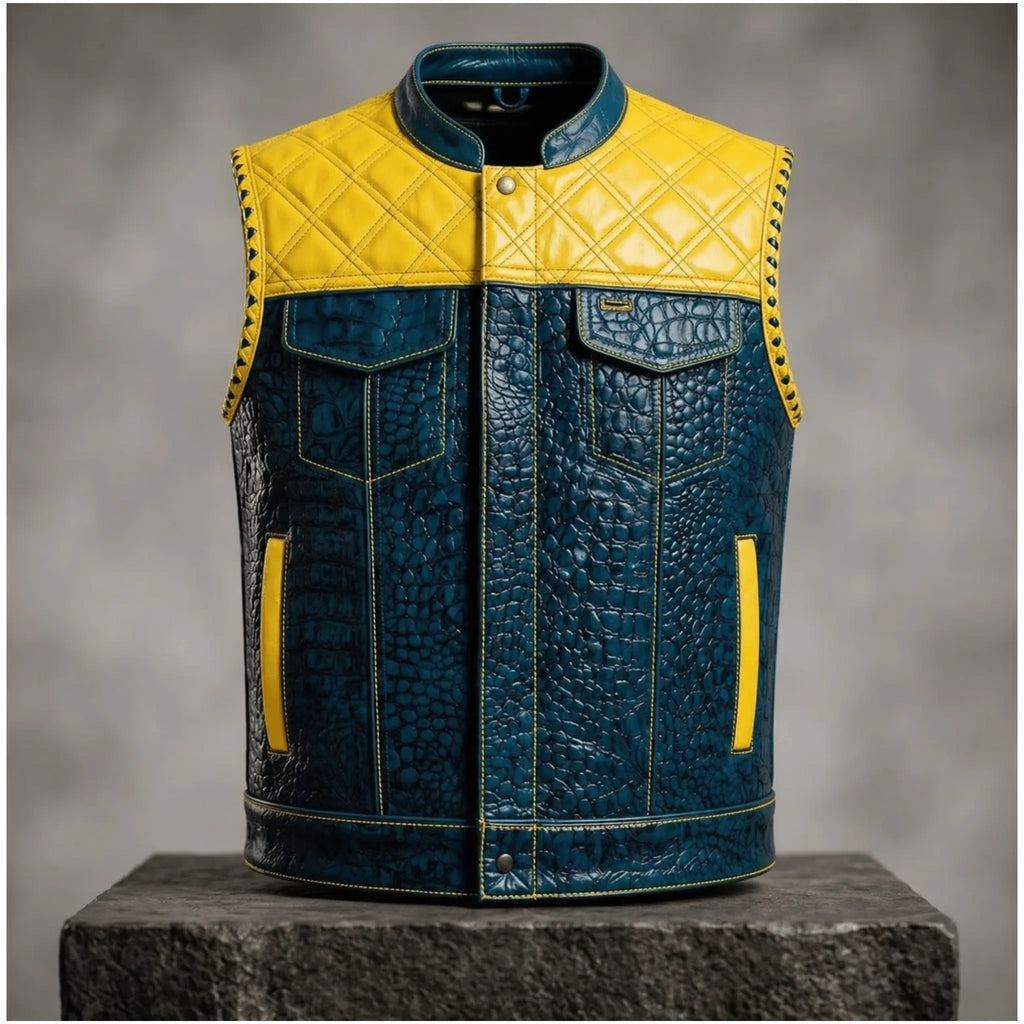 Men's Leather Motorcycle Vest – Premium Crocodile Embossed Cowhide front view