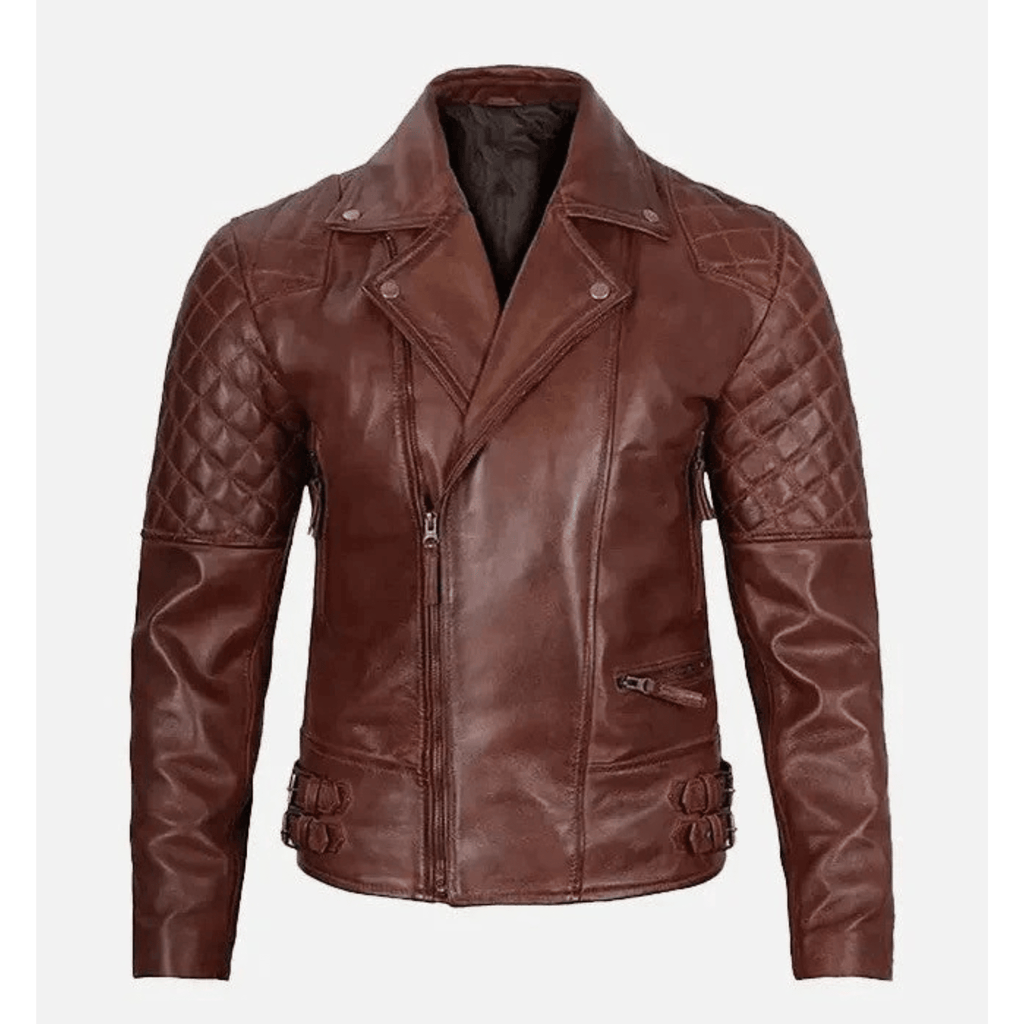 mens dark brown asymmetrical biker leather jacket front view quilted sheepskin