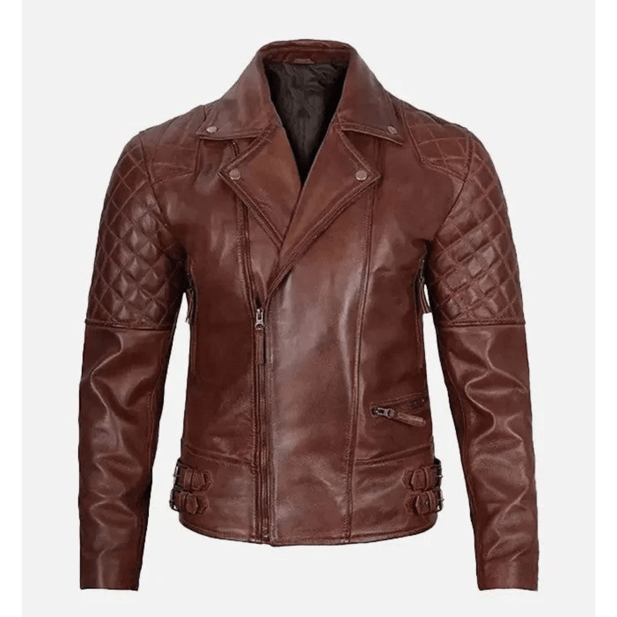 mens dark brown asymmetrical biker leather jacket front view quilted sheepskin