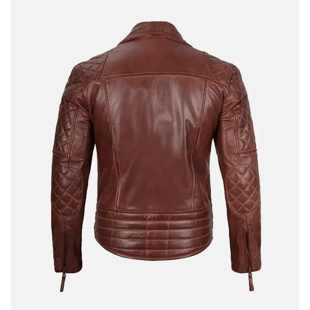 mens dark brown leather jacket back view quilted biker design