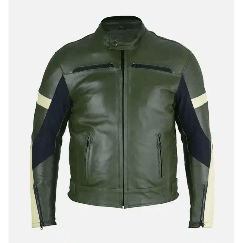 mens dark green leather motorcycle jacket sheepskin front view zipper design