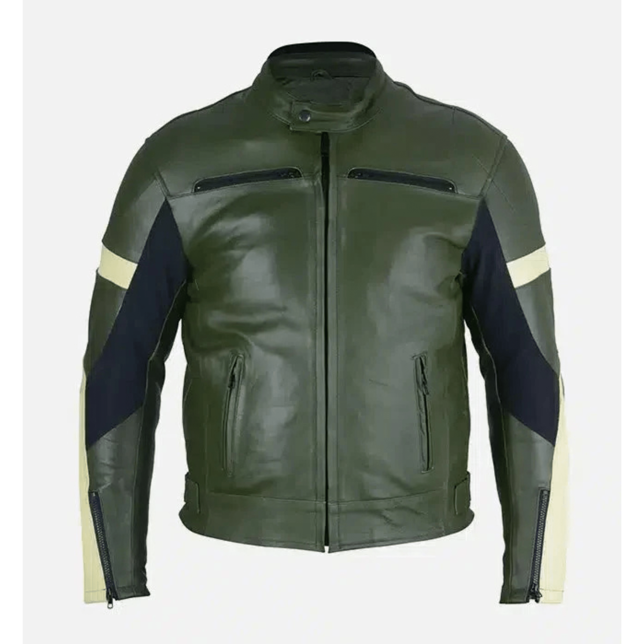 mens dark green leather motorcycle jacket sheepskin front view zipper design