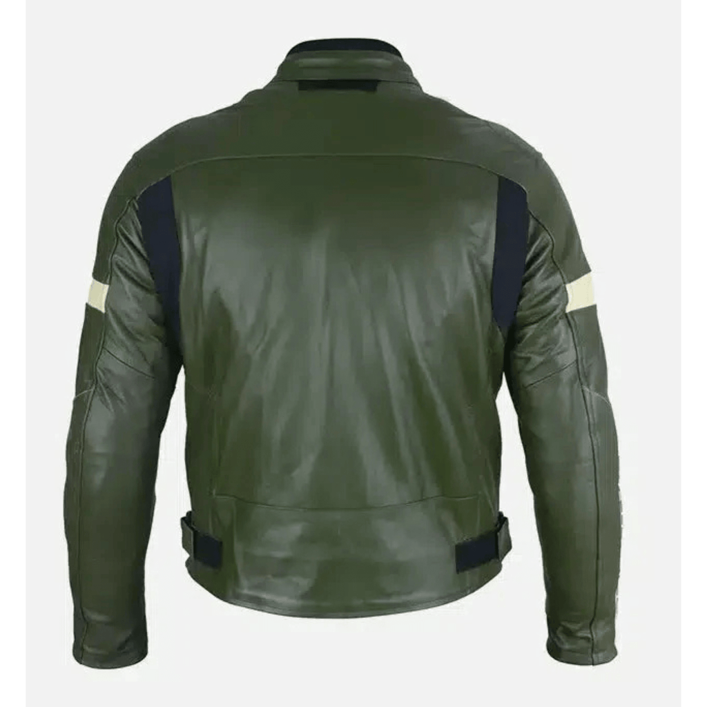 mens dark green leather biker jacket back view classic motorcycle style